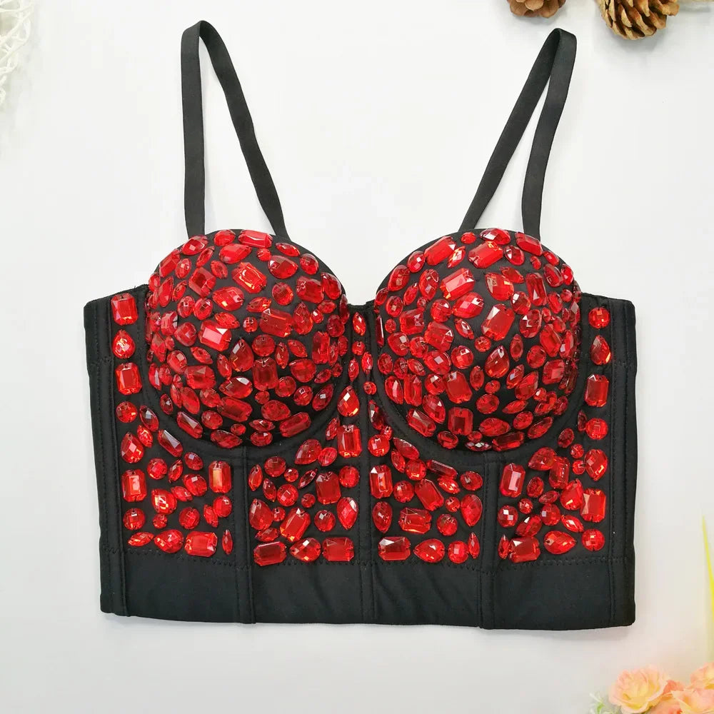 Sparkly Diamond Rhinestone Corset Top Showgirl Stage Performance Push-Up Bustier