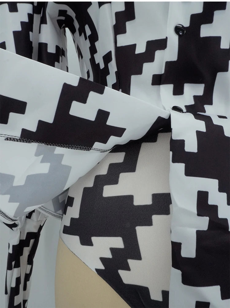 Houndstooth Geometric Print Bodysuit, Over-Knee Boots & Statement Hat 3-Piece Stage Costume Set