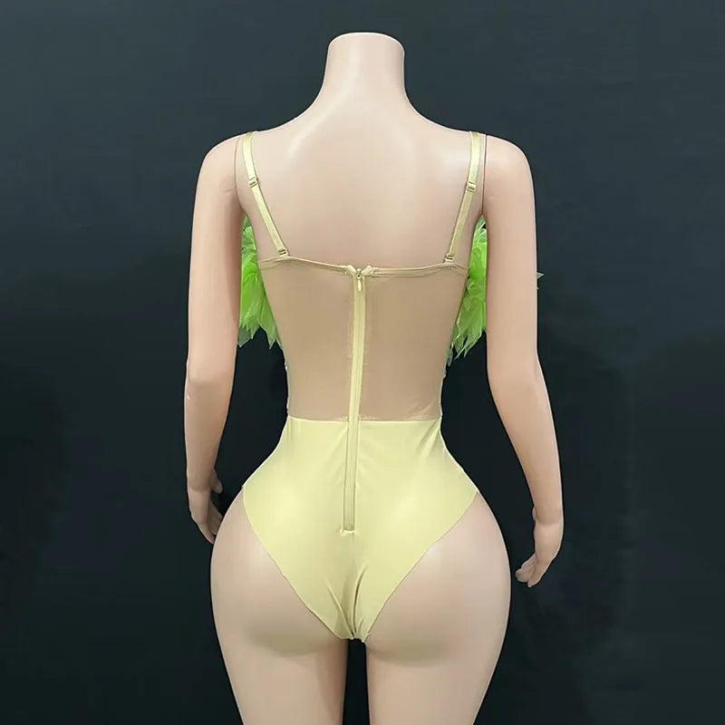 Fluffy Feather & Rhinestone Bodysuit Gogo Stage Performance Costume