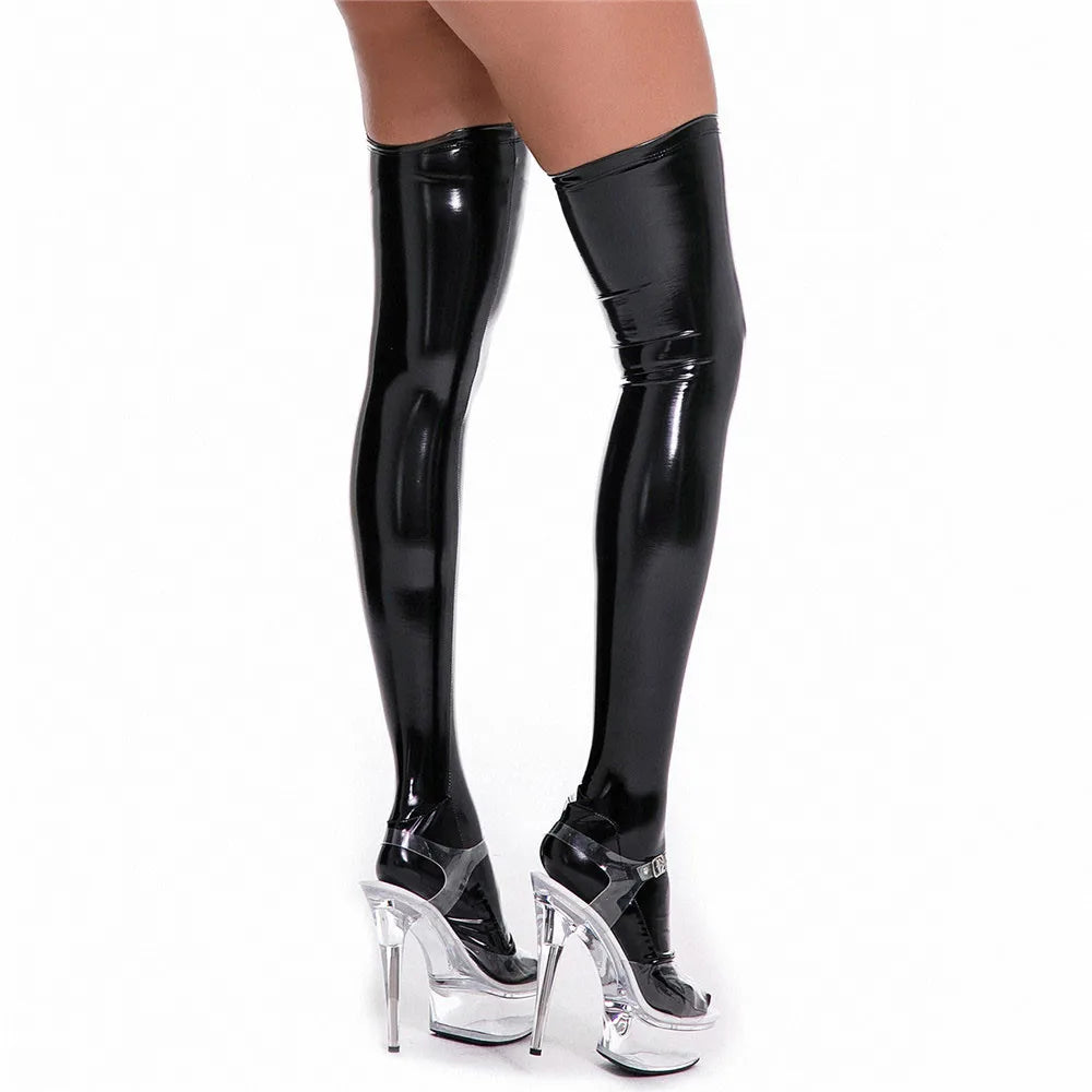 Glossy PU Faux Leather High-Cut Bodysuit, Gloves & Stockings Set