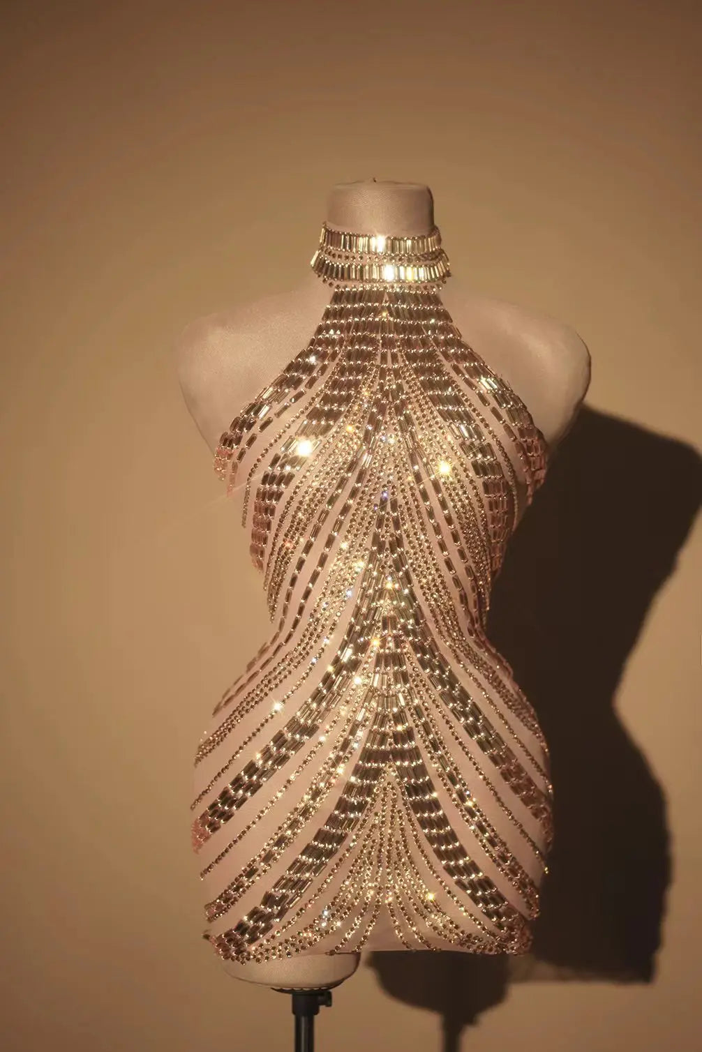 Sparkly Rhinestone High-Neck Sheath Mini Dress Stage Dance Costume