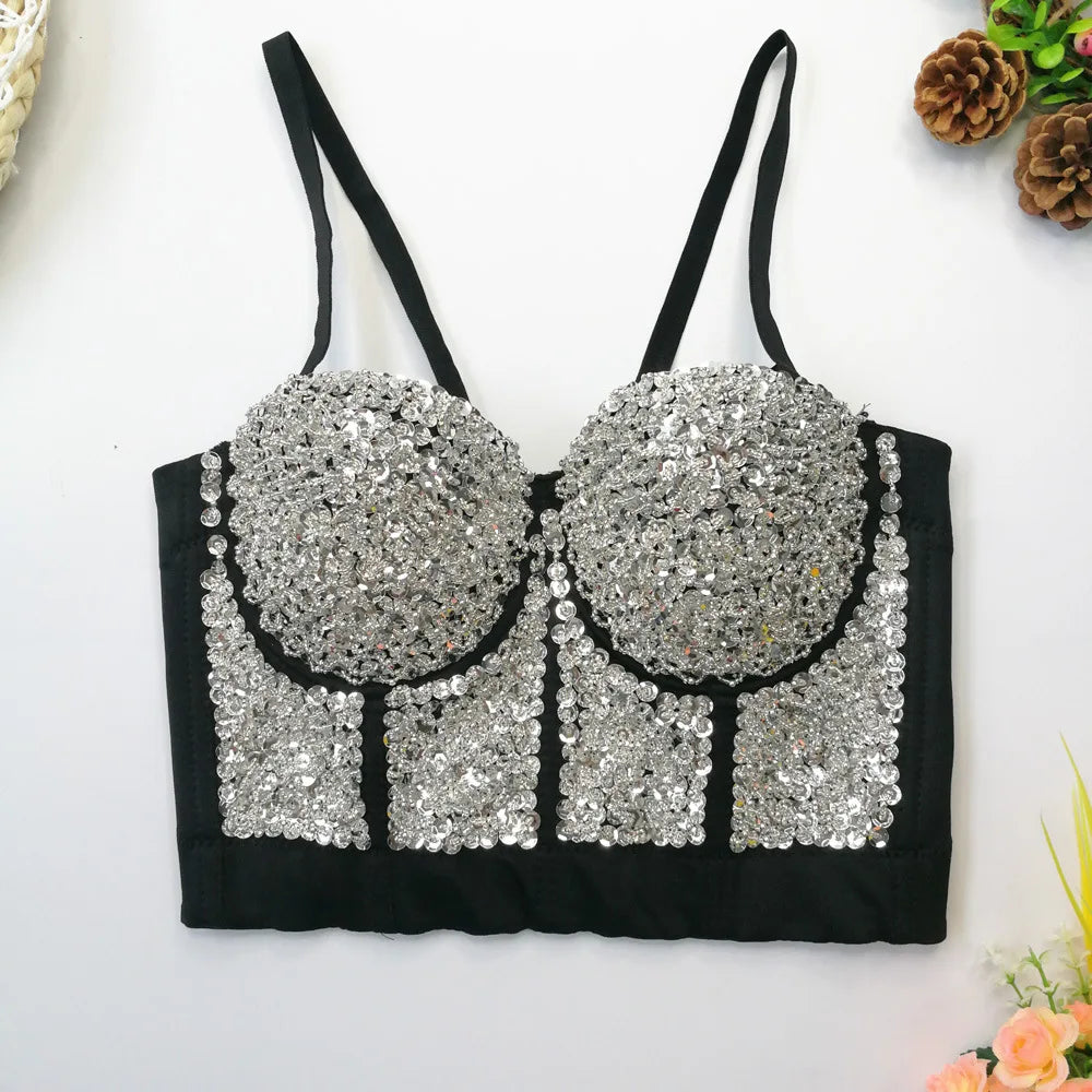 Gold Beaded Sequin Embroidery Bustier Corset Crop Top Party Bralette