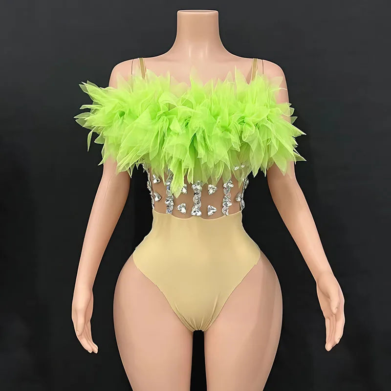 Fluffy Feather & Rhinestone Bodysuit Gogo Stage Performance Costume