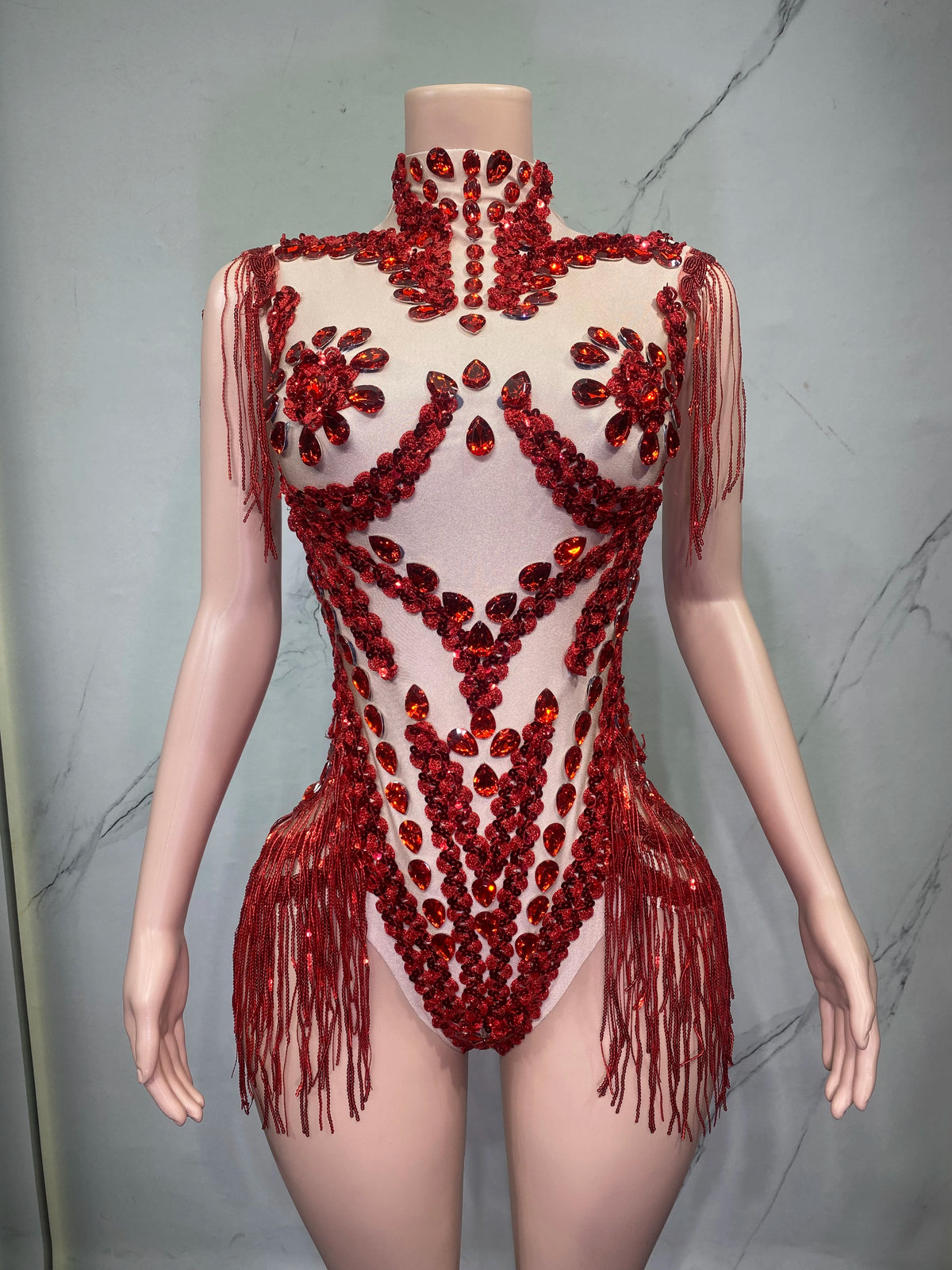Sheer Mesh Rhinestone Performance Bodysuit for Women