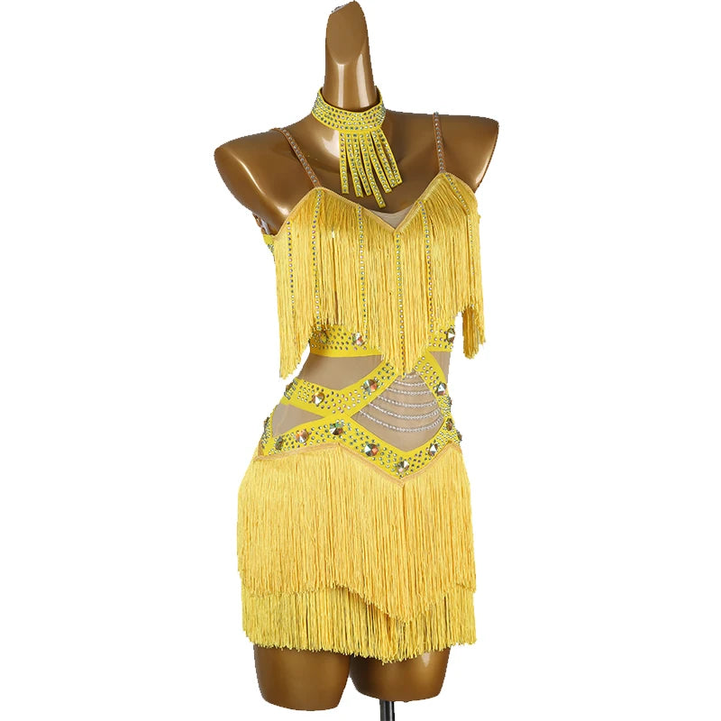 Professional Latin Dance Competition Dress & Tassel Fringe Performance Outfit