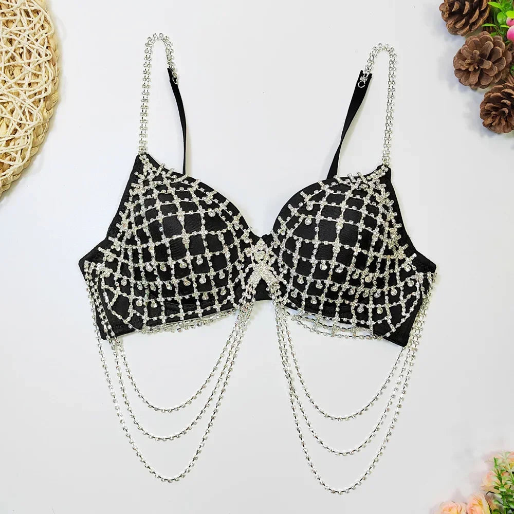 Sparkly Rhinestone Draping Chain Corset Top Showgirl Stage Performance Bustier