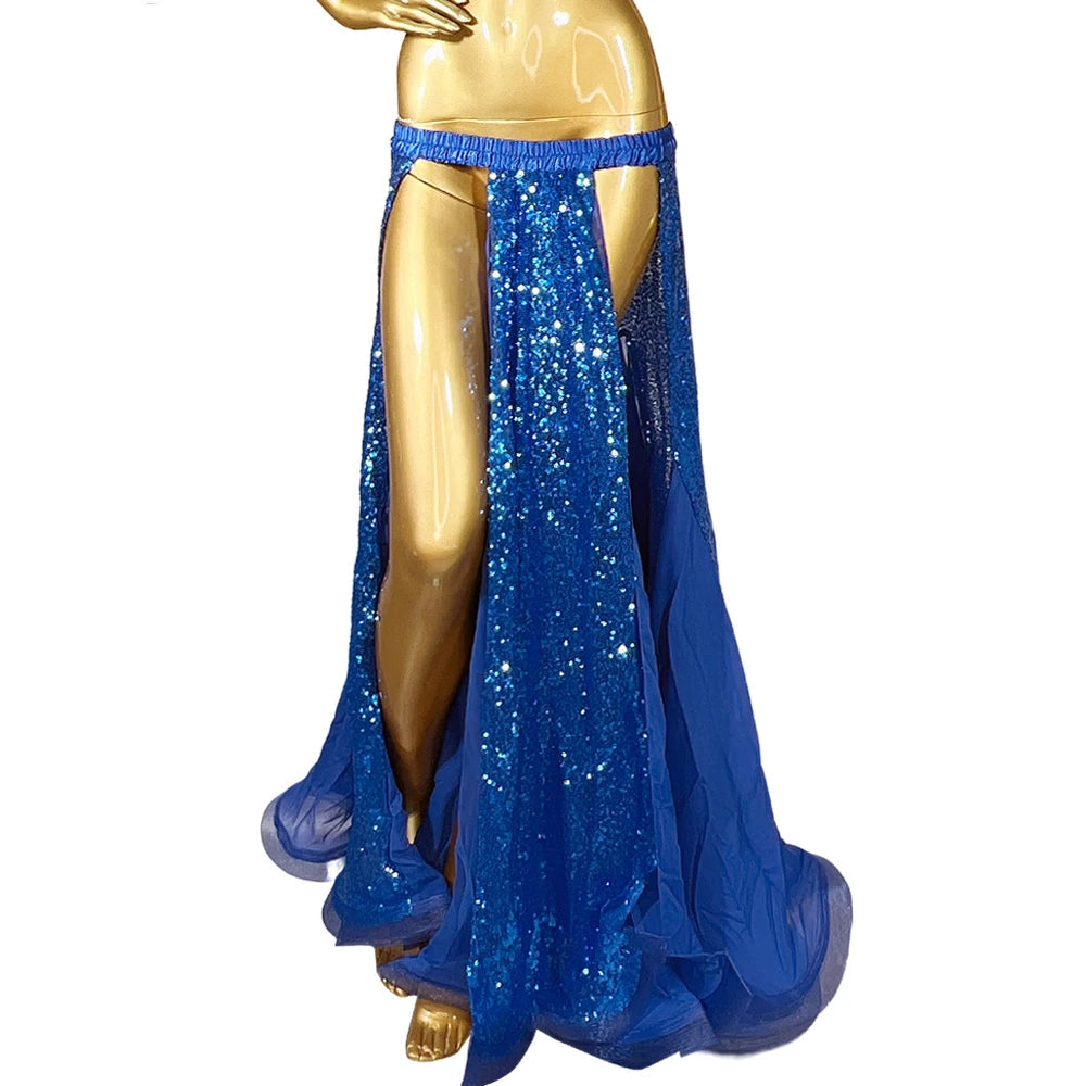 Sparkly Sequined Appliqué Belly Dance Long Performance Skirt