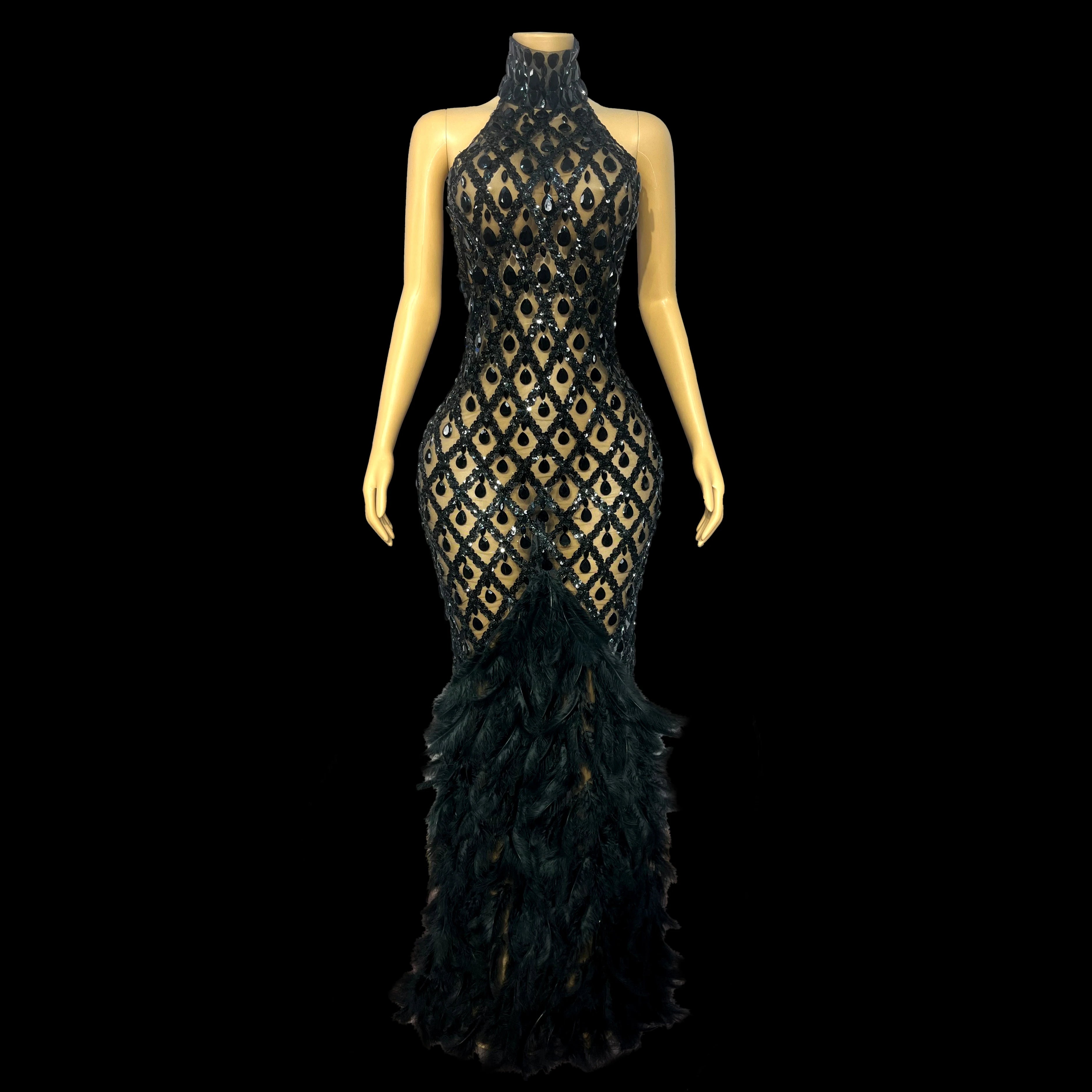 Sparkly Rhinestone Feather Sheer Mesh Evening Gown Stage Fashion Show Outfit