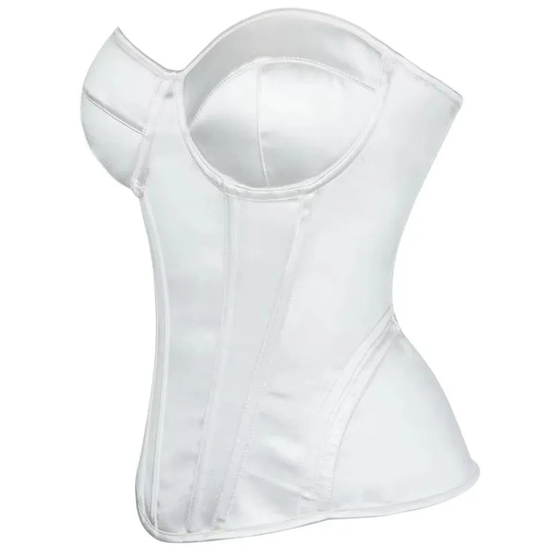 Overbust Corset Bustier Top Built-In Bra Cup Lace-Up Waist Cincher