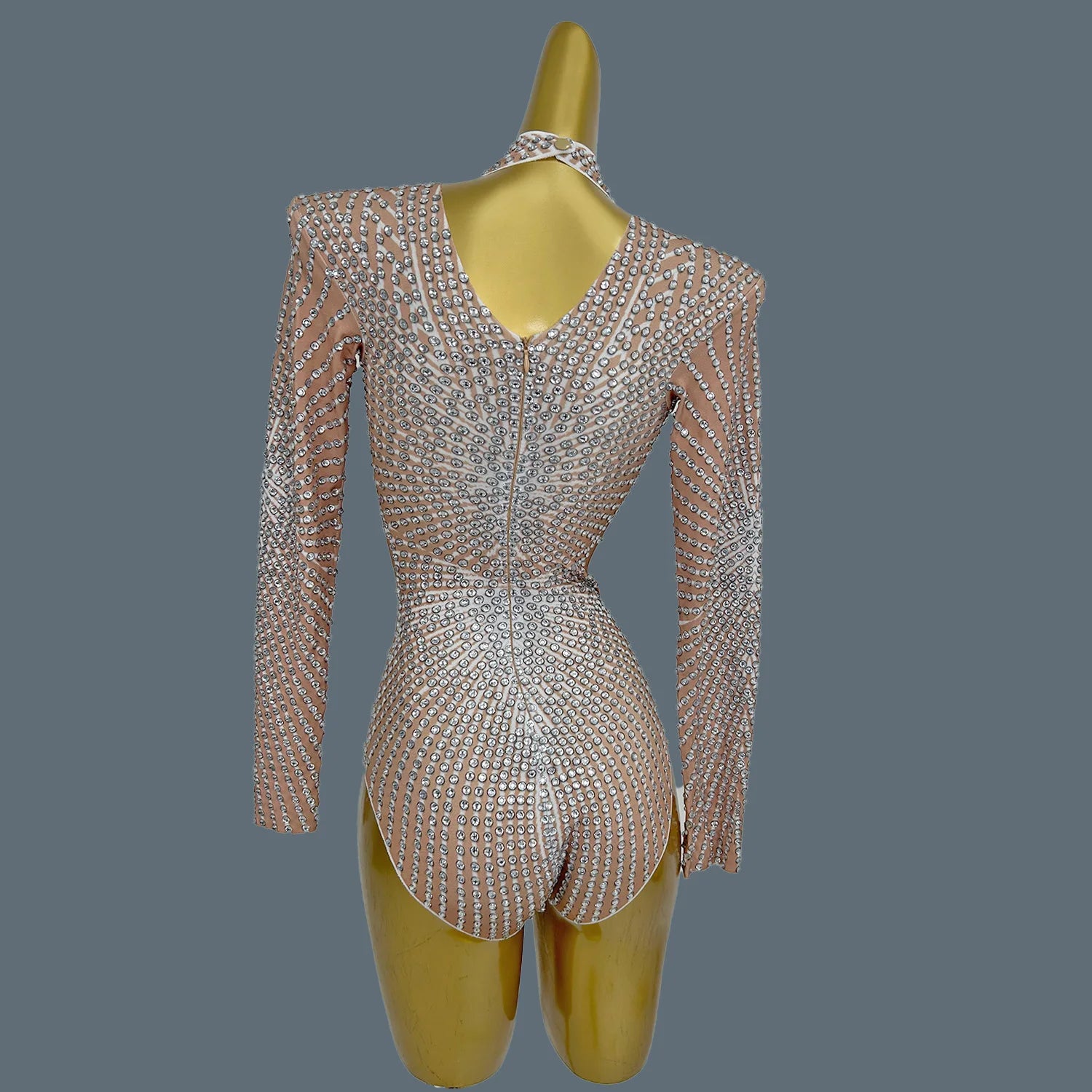 Sparkly Nude Rhinestone Dance Performance Leotard Stage Bodysuit