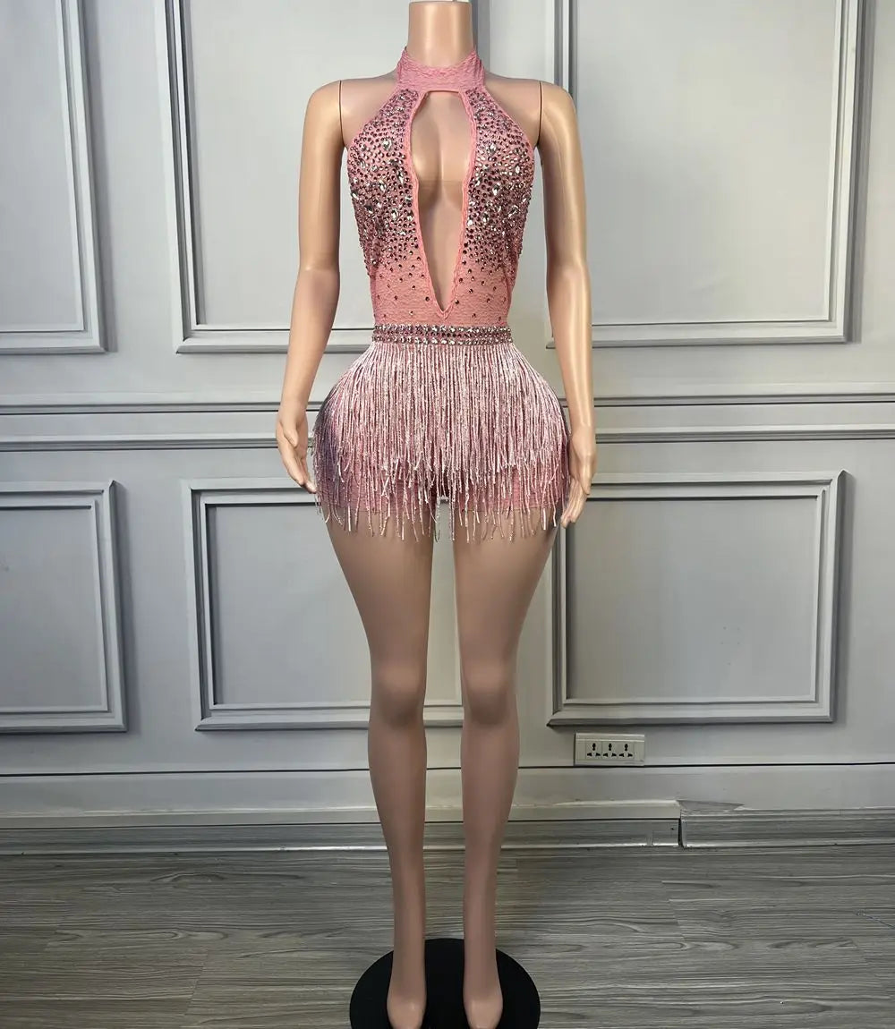 Sparkly Rhinestone Tassel Halter Bodysuit Deep V Backless Stage Dance Leotard