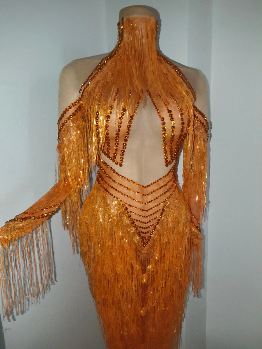 Orange Sparkly Crystal Fringe Bodysuit Off-Shoulder Stage Performance Costume Leotard