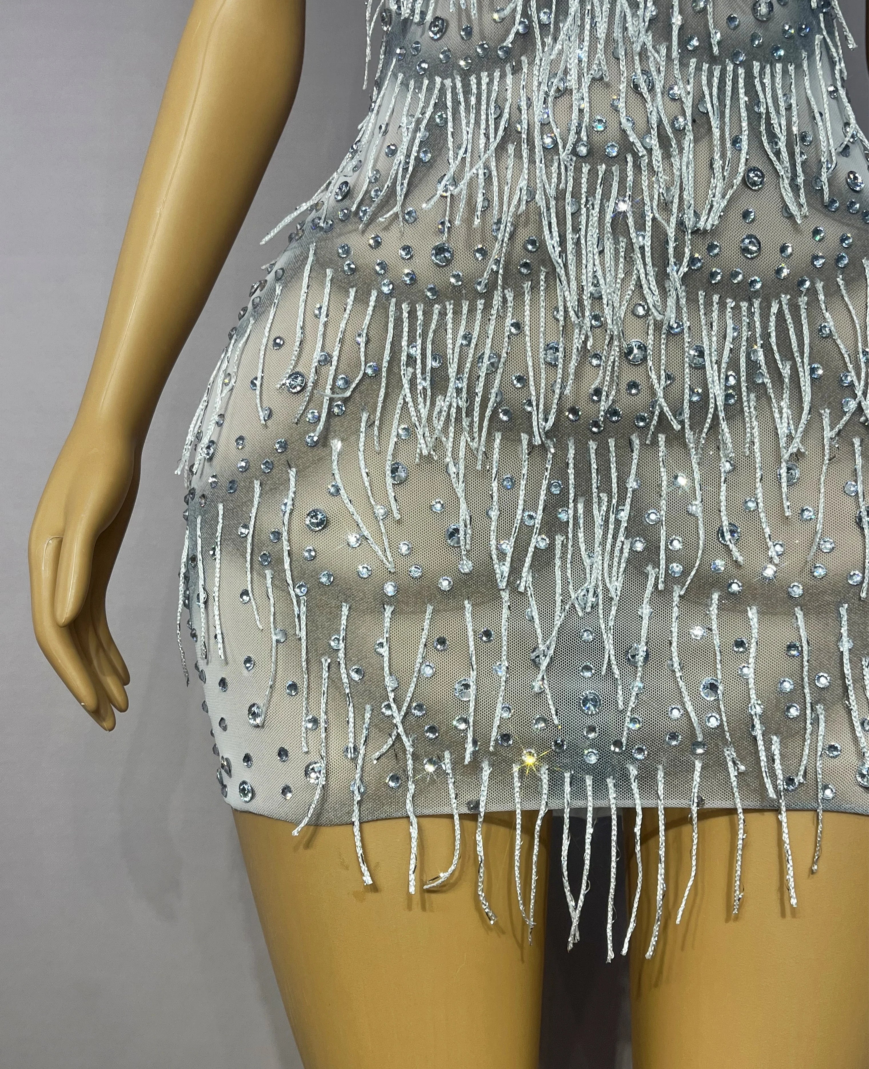 Silver Rhinestone Tassel Backless Stage Performance Mini Dress Party Gown