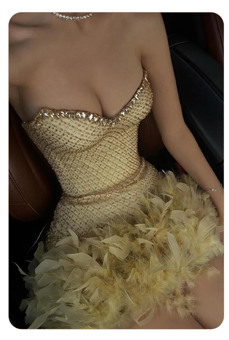 Gold Feather Trim Strapless Mini Dress