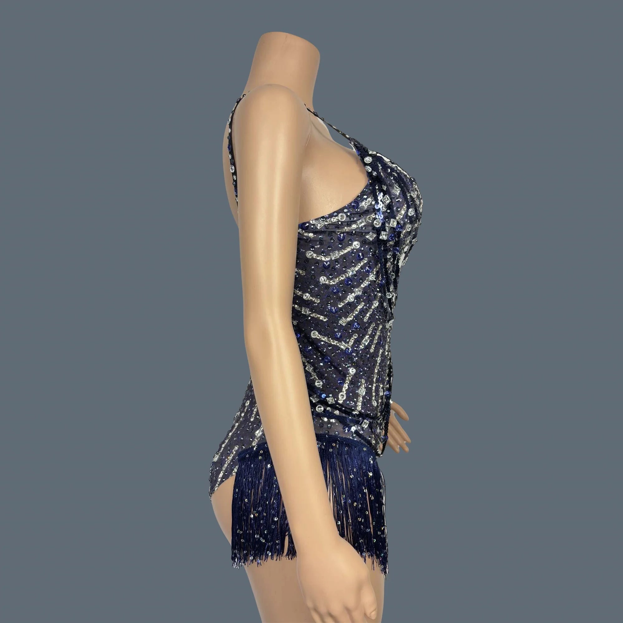Sparkly Rhinestone Tassel Fringe Dance Leotard Nightclub Stage Performance Bodysuit