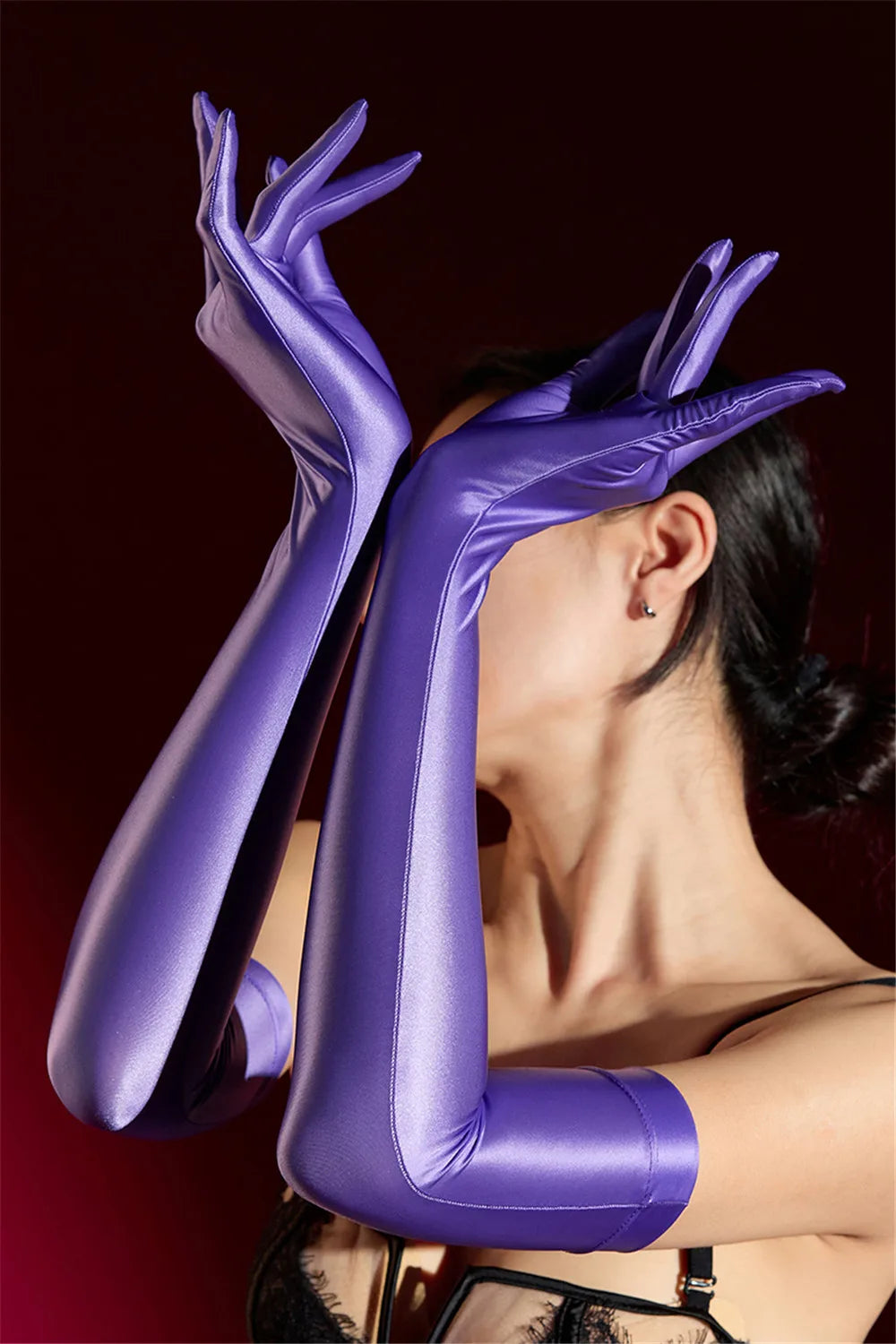 Oil Glossy Satin Smooth Five-Finger Long Elbow Gloves High-Stretch Luxury Evening Gloves