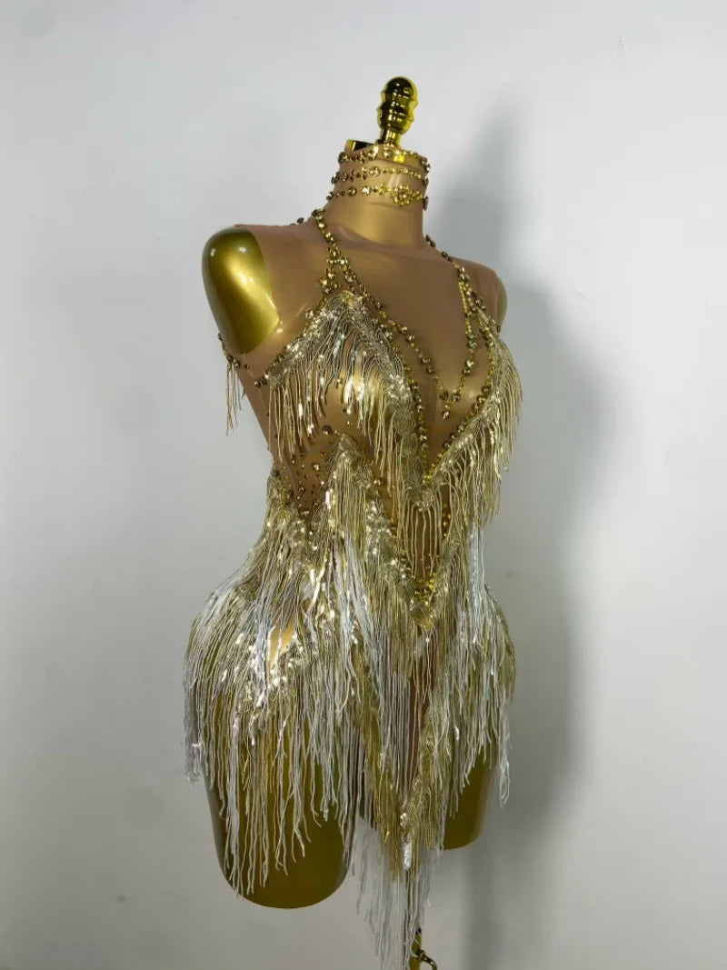 Sparkly Rhinestone & Tassel Fringe Latin Dance Mini Dress Stage Costume