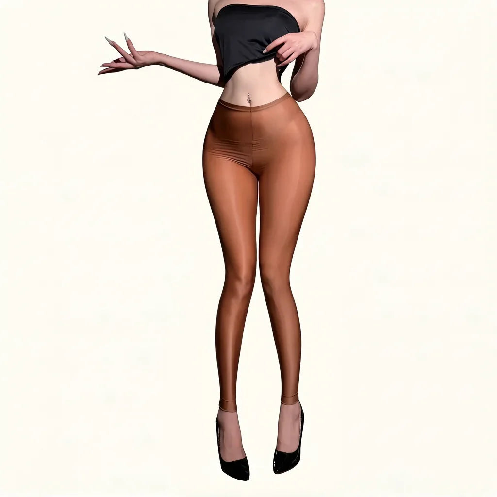 Women Thin Pants Sheer See Through Oil Shiny Leggings Pencil Pants Elastic Smooth Shaping Slim Ninth Pants Maid Tights Plus Size