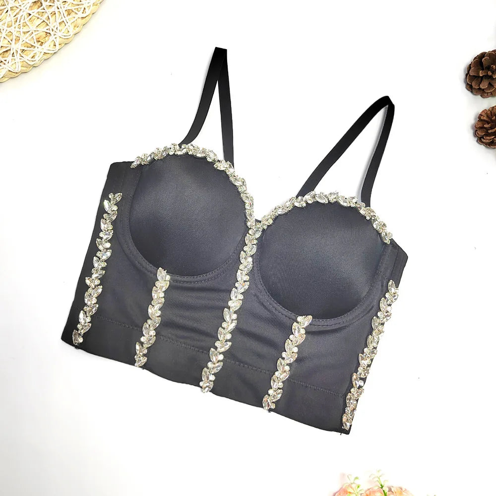Crystal Chain Strap Bustier Corset Crop Top Hook-and-Eye Stage Bralette
