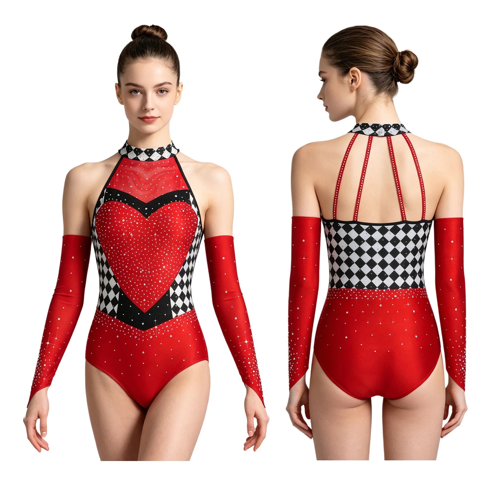 Queen of Hearts Rhinestone Halter Bodysuit & Sleeves Checkered Circus Stage Costume Set