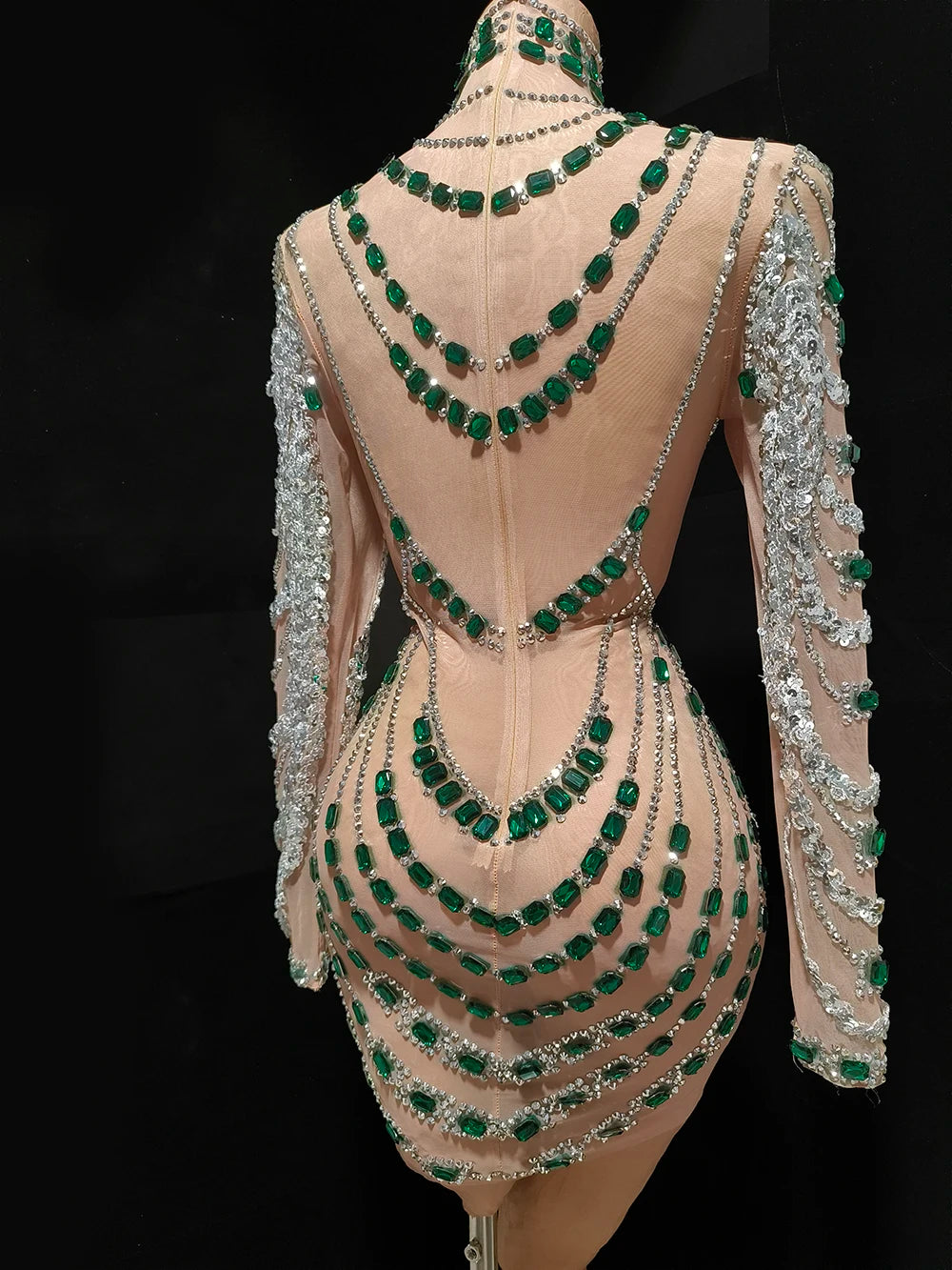 Sparkly Rhinestone, Sequin & Pearl Sheer Illusion Performance Dress Stage Costume