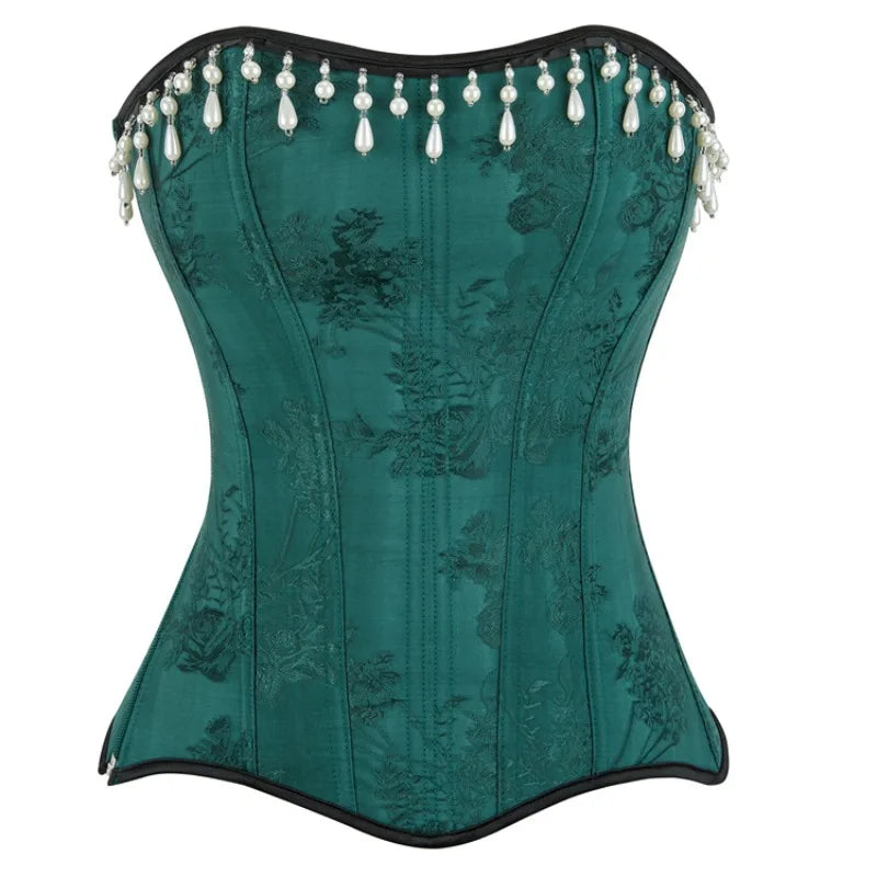 Green Floral Jacquard Overbust Corset Pearl Tassel Trim Bustier Top