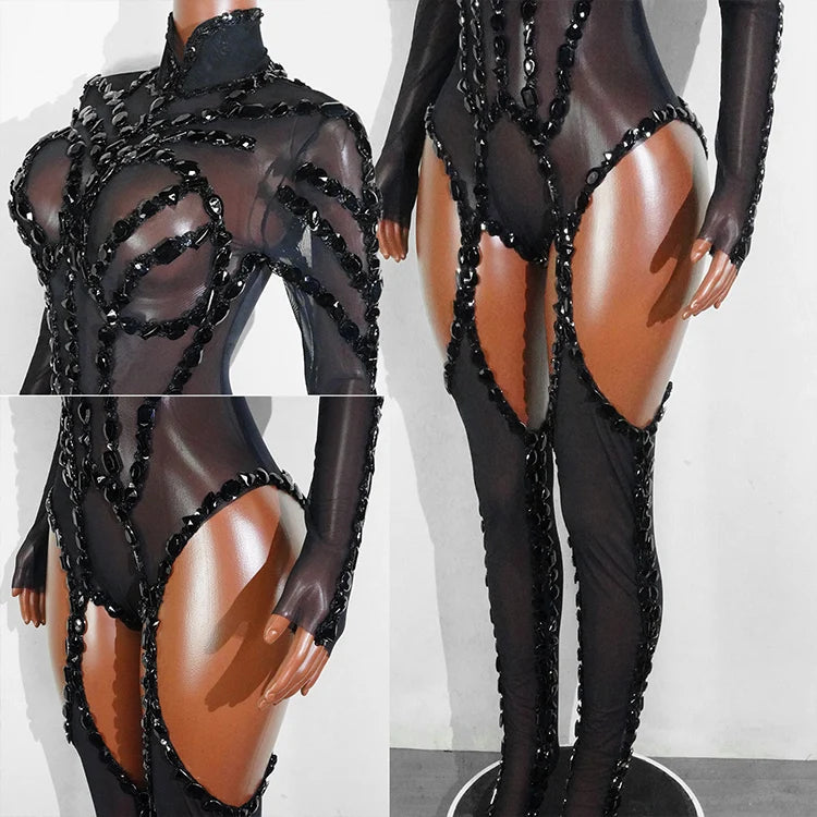 Rhinestone Mesh Jumpsuit Costume Set