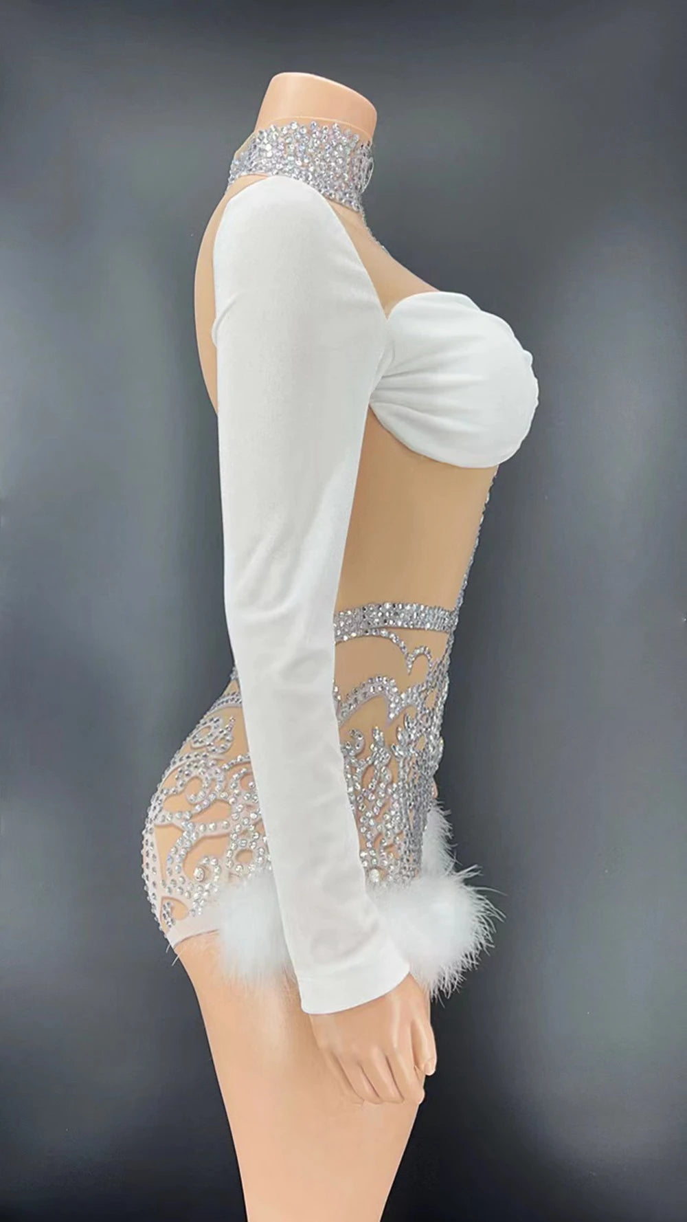 Sparkly Rhinestone & White Feather Long-Sleeve Bodysuit Stage Costume
