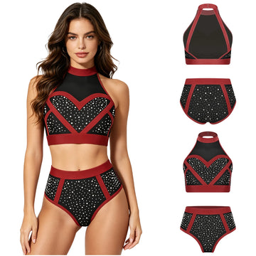 Rhinestone Halter Crop Top & High-Waist Briefs Set Sparkle Two-Piece Dance Set