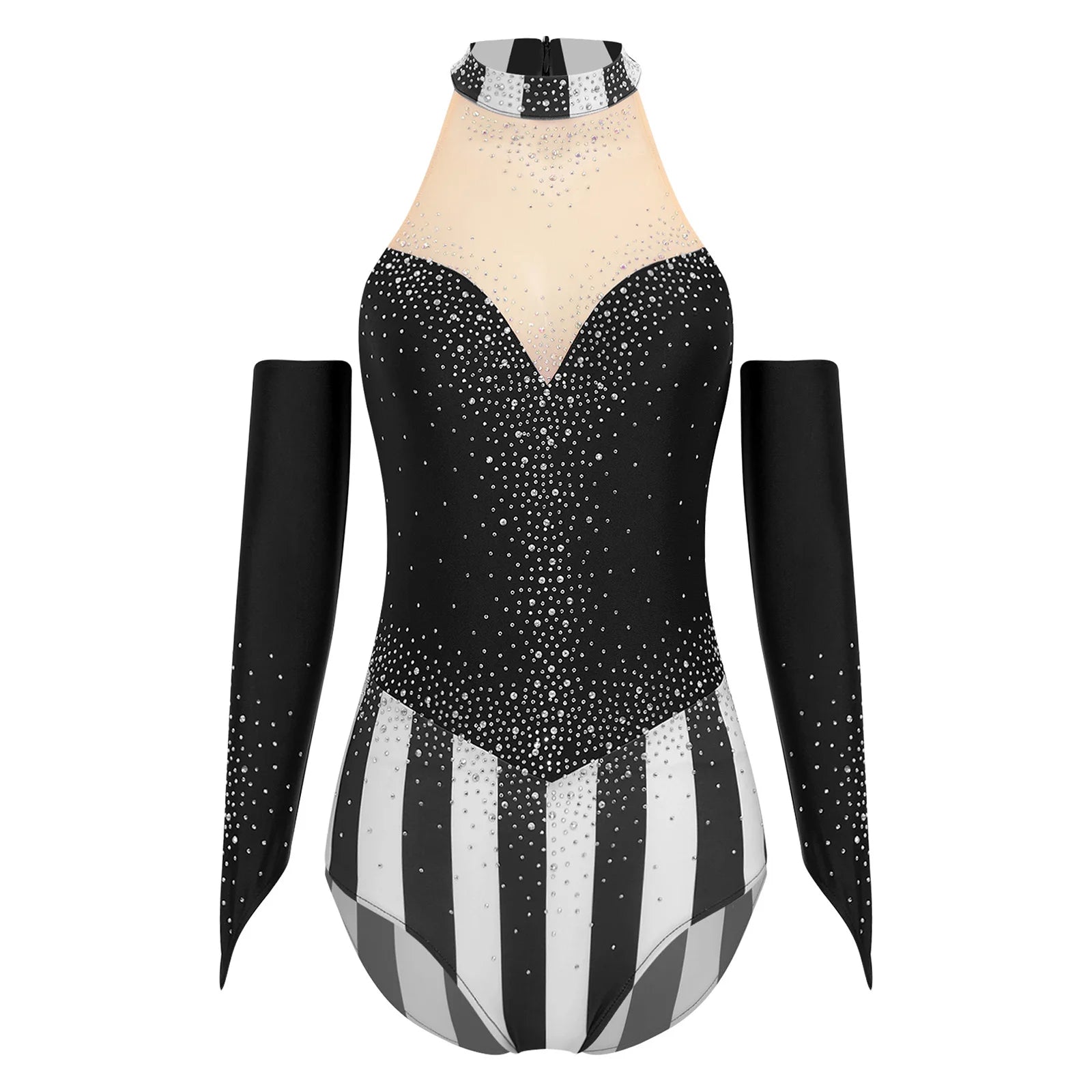 Circus Ringmaster Rhinestone Striped Leotard & Fingerless Gloves Costume Set