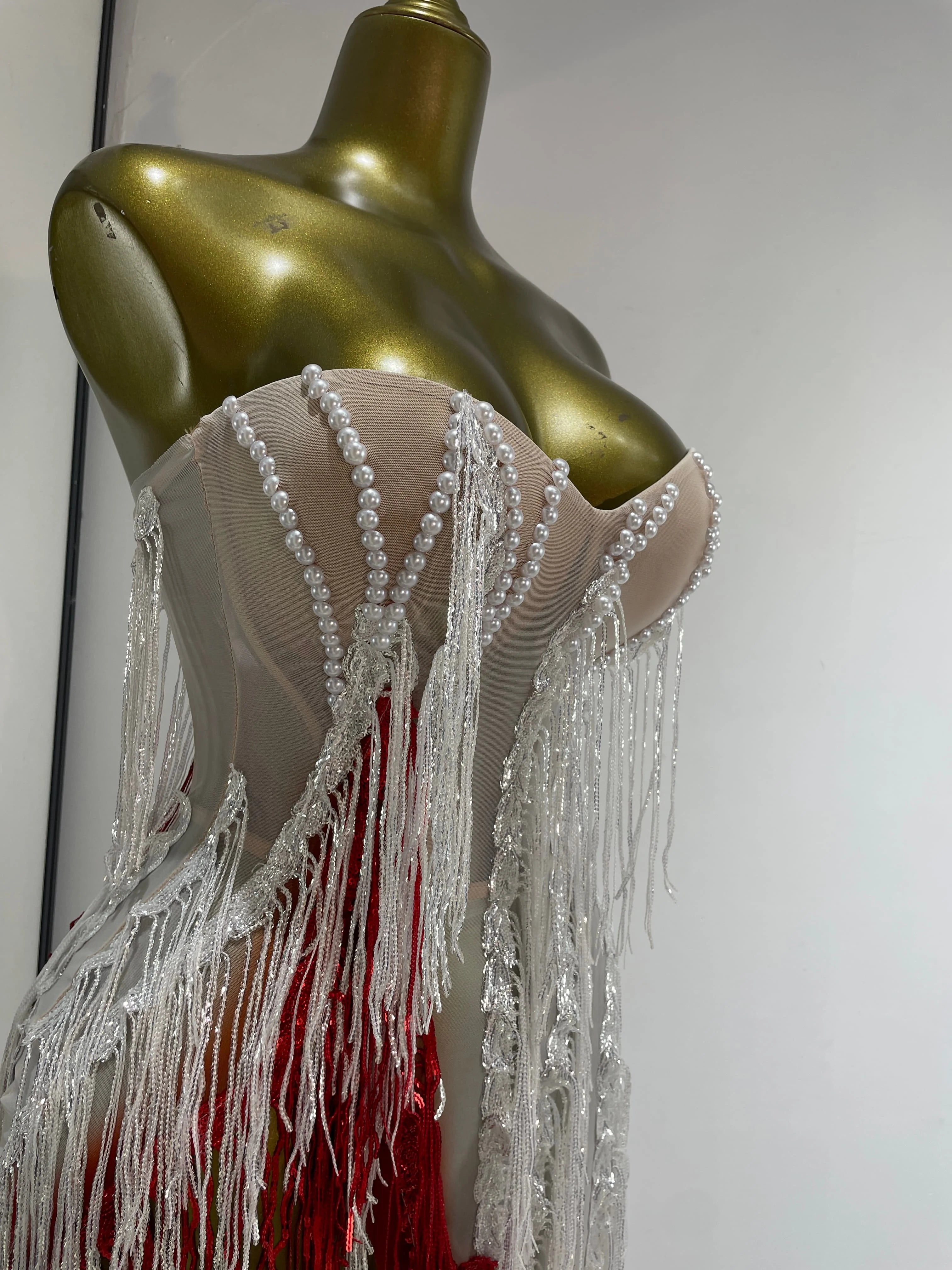 Pearl & Crystal Bustier High-Slit Maxi Gown Cascading Ombré Fringe Evening Dress