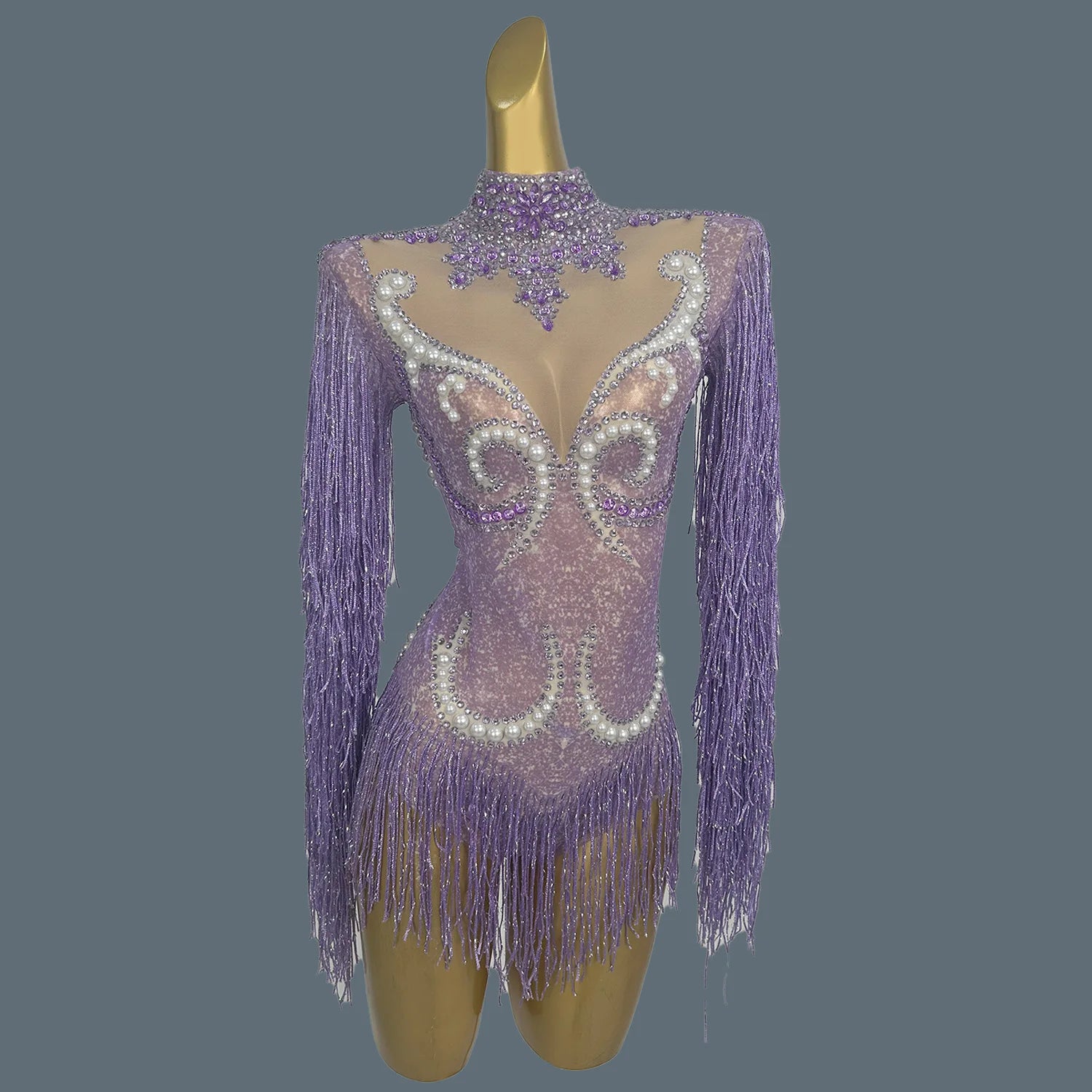Pearl & Rhinestone Tassel Stage Costume Bodysuit Dance Leotard