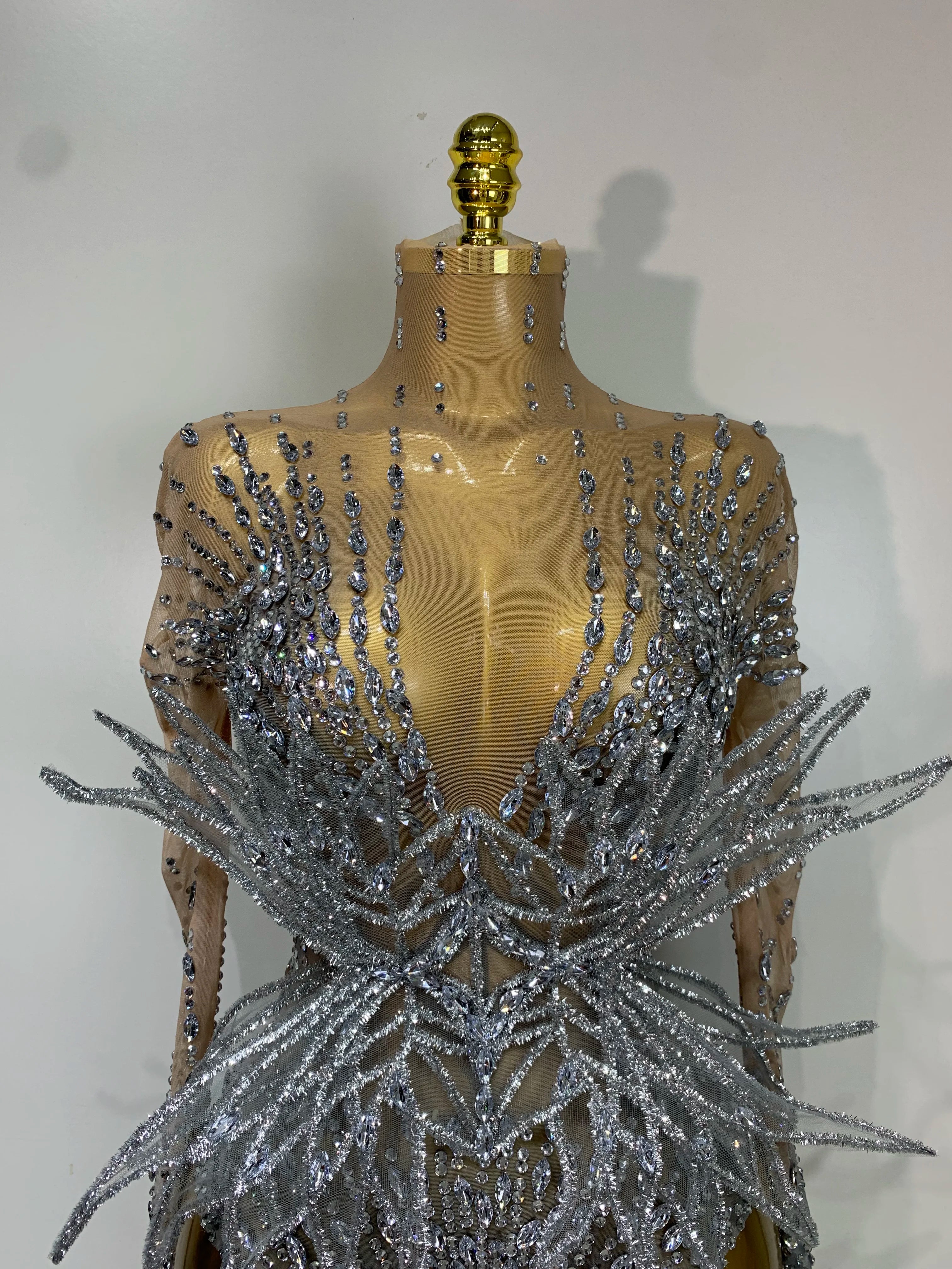 Luxury Shining Diamond See-Through Mesh Bodysuit Stage Performance Jumpsuit
