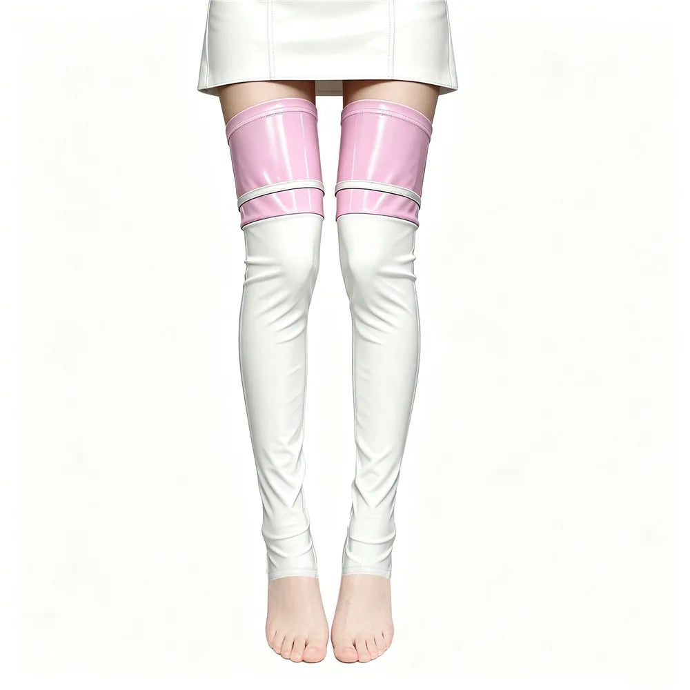 PU Faux Leather Patchwork Thigh-High Open-Foot Boot Stockings