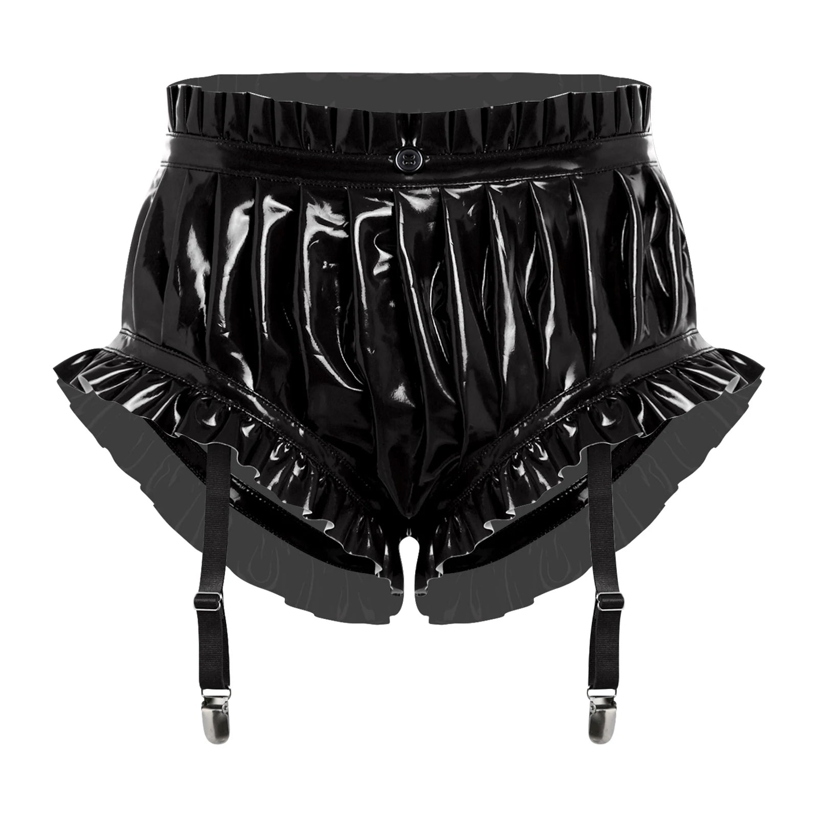 Wet-Look PU Leather Ruffled Bloomer Shorts Attached Garter Clips Briefs