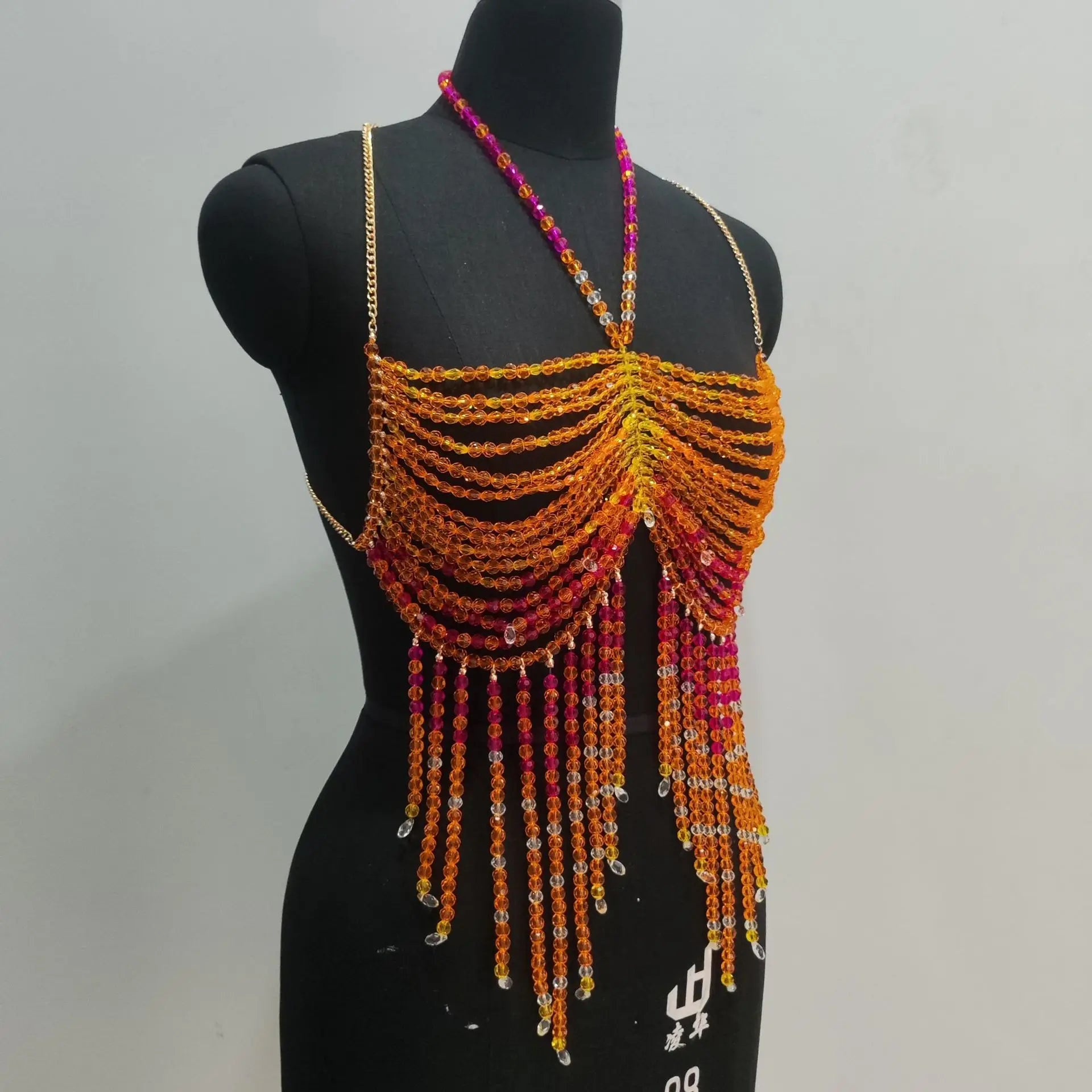 Handmade Multilayer Beaded Bra Chain & Vibrant Sunset Chest Harness