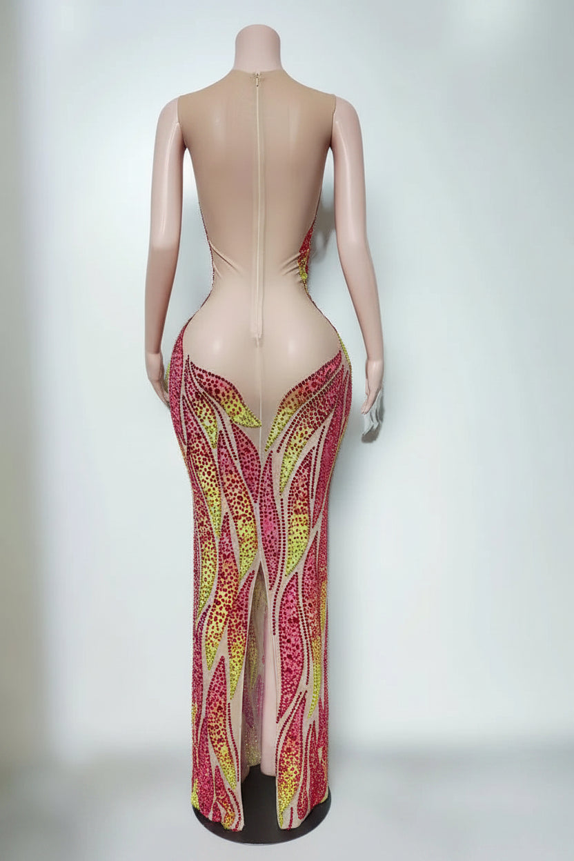 Flaming Fire Print Rhinestone Maxi Dress Sleeveless High-Slit Stage Performance Gown