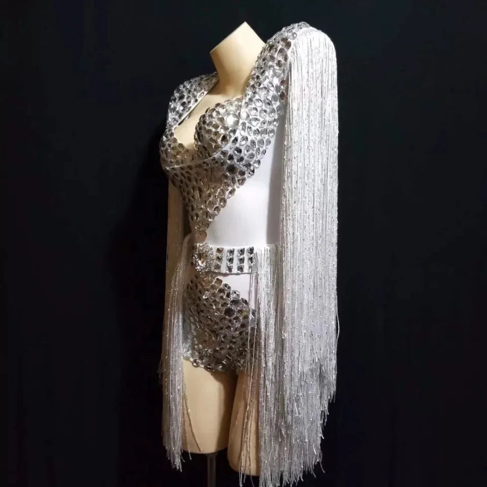 Sparkly Crystal Rhinestone & Tassel Fringe Bodysuit Costume Set with Bra & Belt