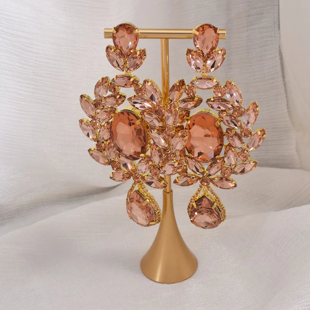 Oversized 4.7" Glass Gemstone Statement Drop Earrings Drag Queen Stage Jewelry