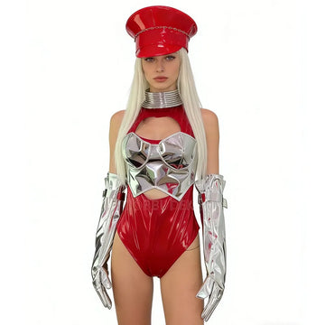 Crimson Red & Laser Silver Foil Bodysuit, Gloves & Beret Hat Stage Dance Costume Set