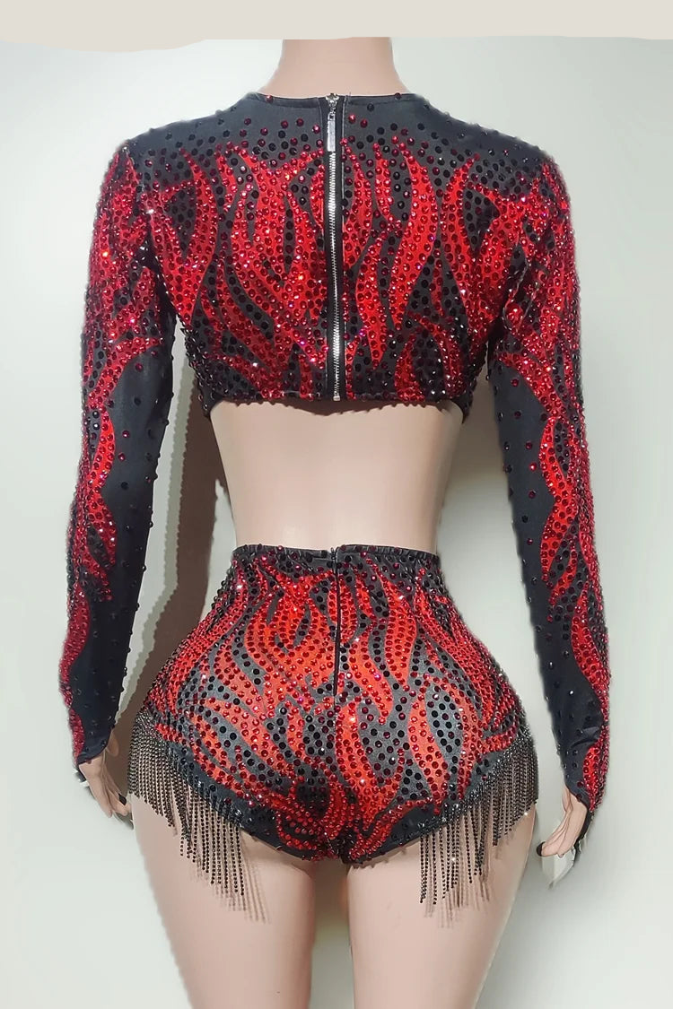 Crimson Red Crystal Cutout Crop Top & Shorts 2-Piece Stage Dance Costume Set