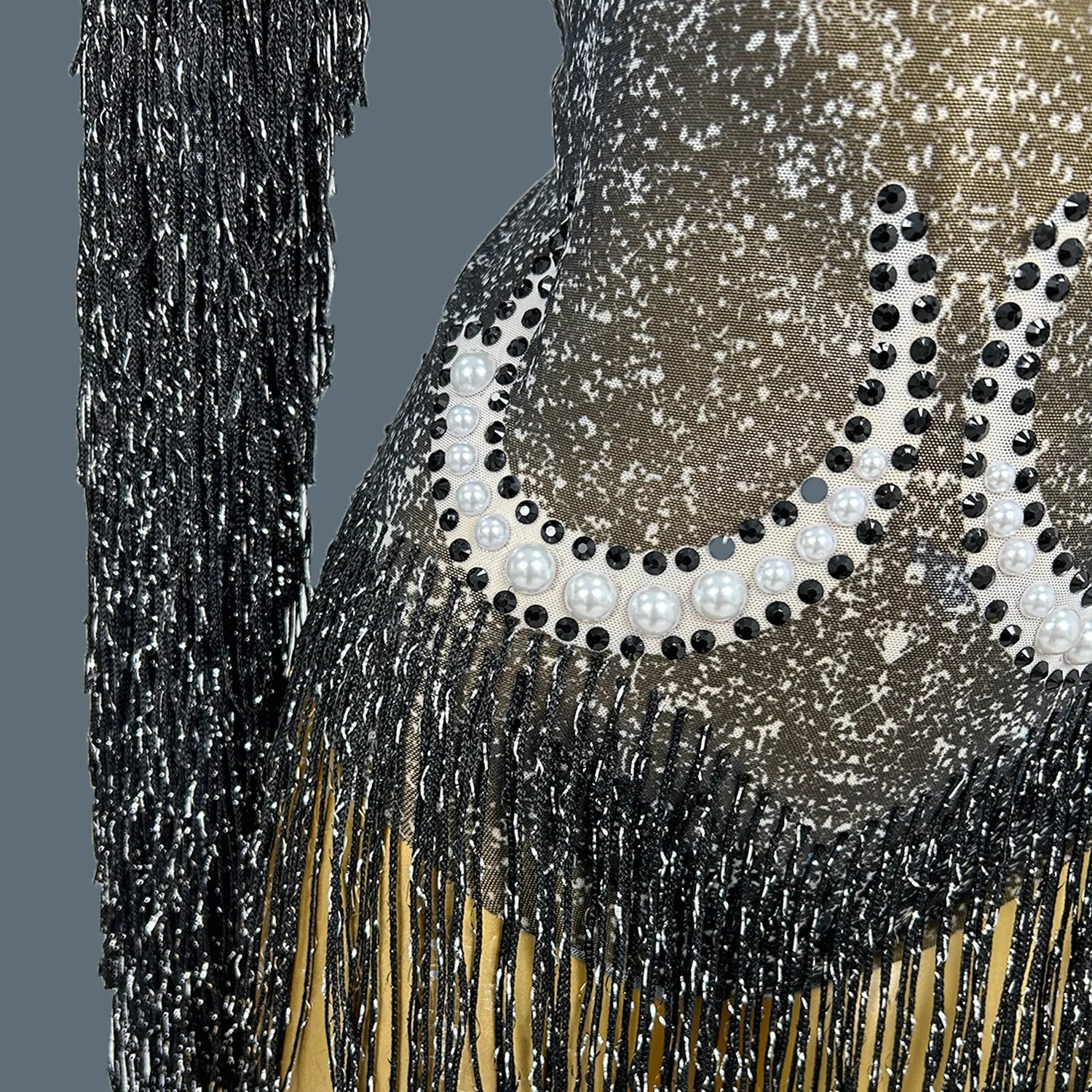 Pearl & Rhinestone Tassel Stage Costume Bodysuit Dance Leotard