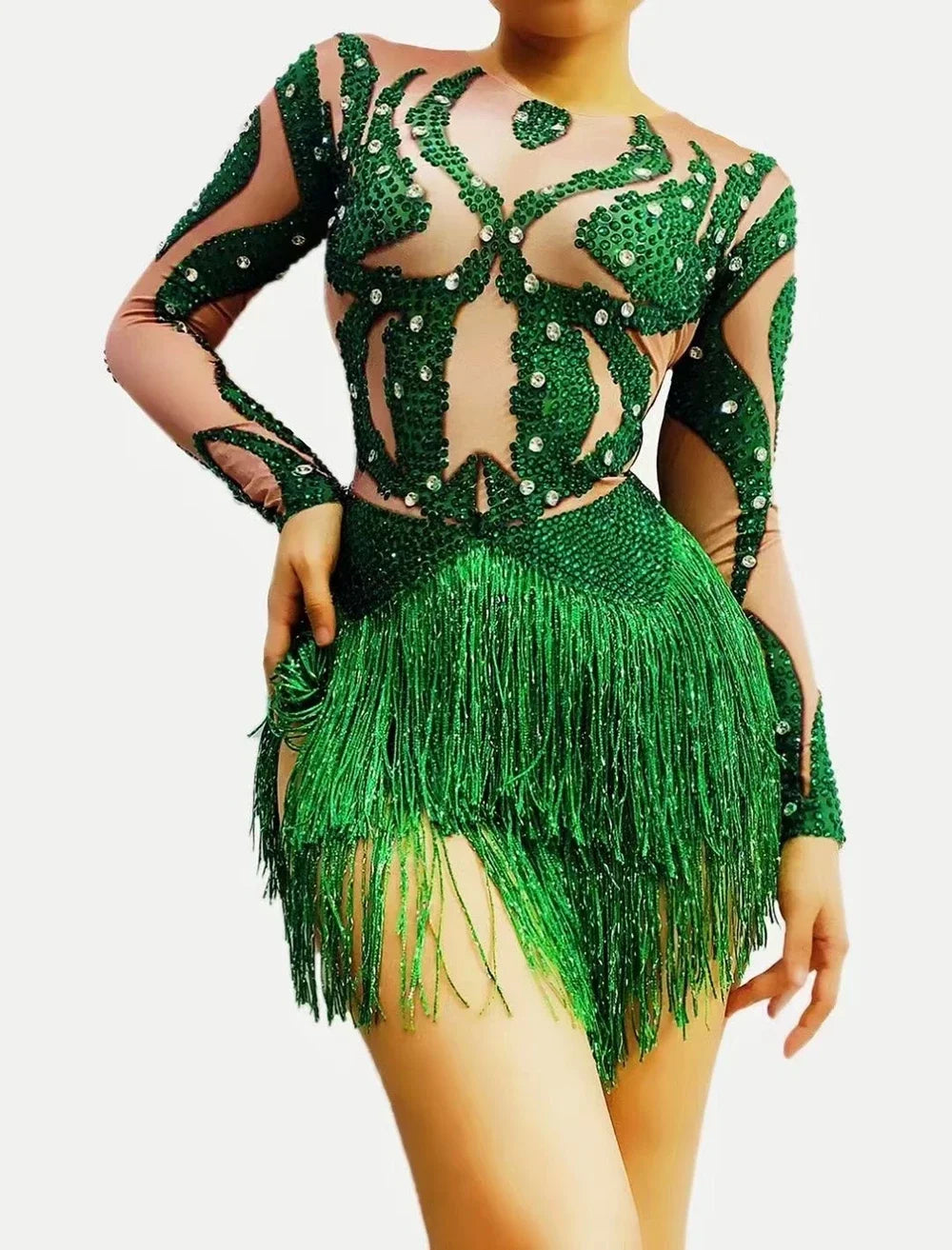 Sparkly Green Crystal & Tassel Fringe Bodysuit Stage Performance Costume