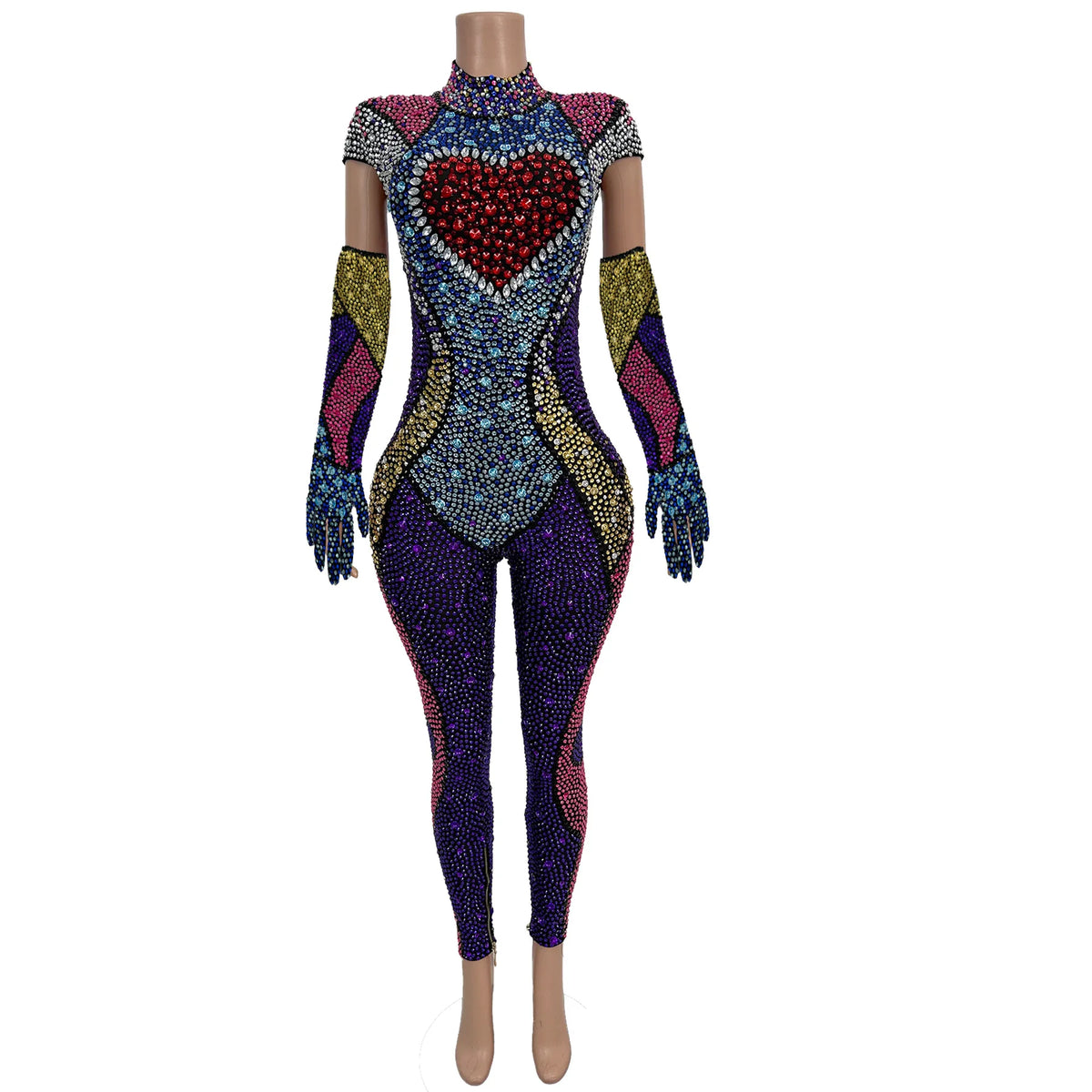 Women Sparkly Rhinestone Tight-Fitting Jumpsuit with Gloves Circus Stage Performance Costume