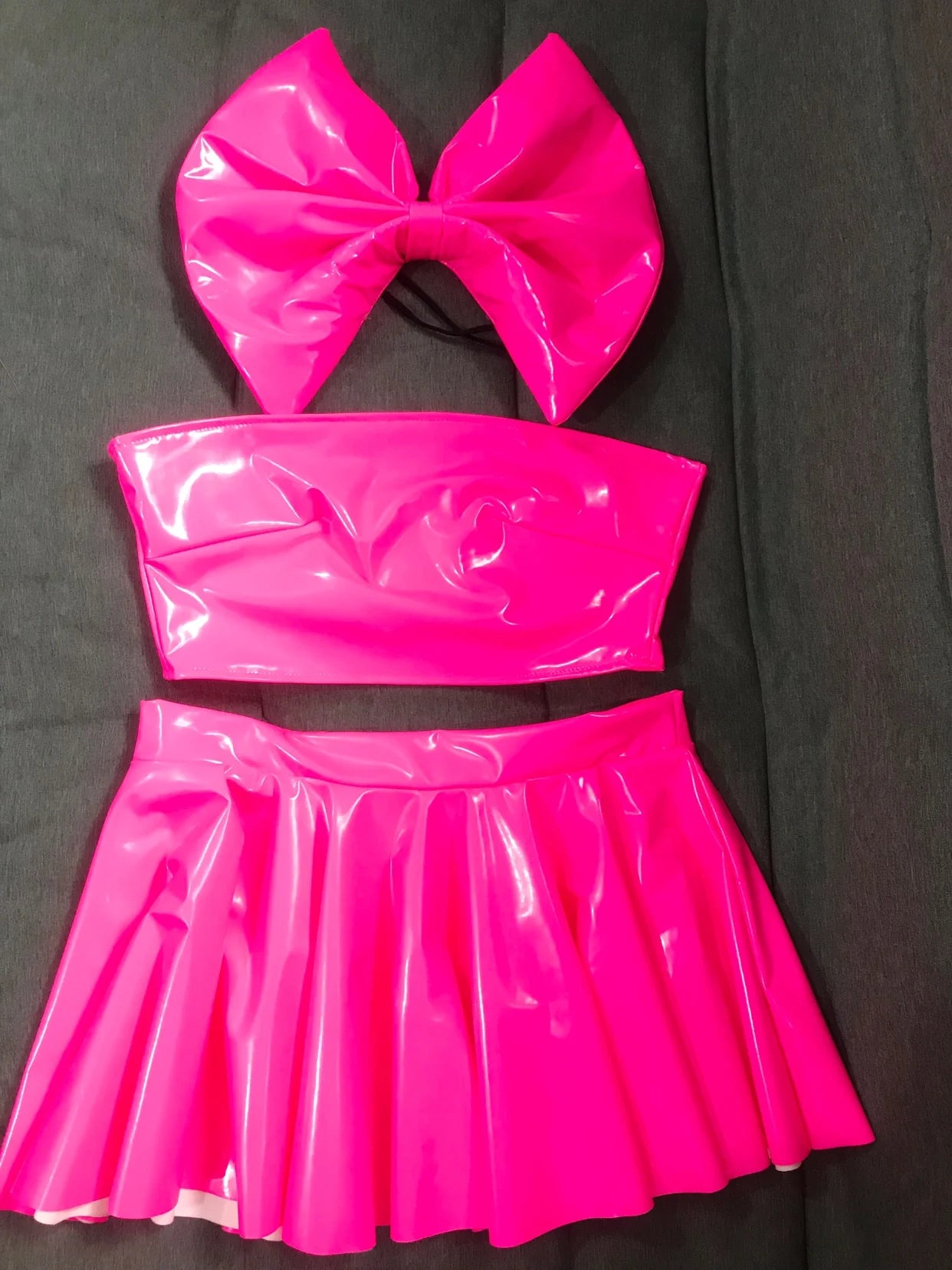 Patent Leather Bow Bralette, Pleated Mini Skirt & Headband 3-Piece Stage Dance Costume Set