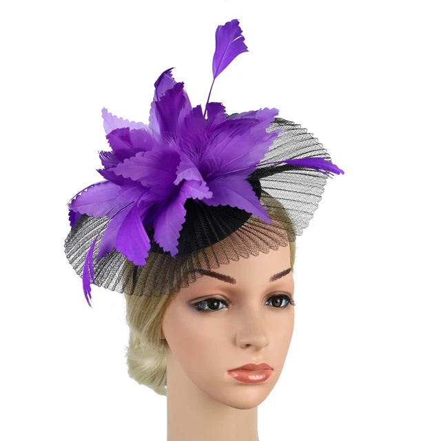 Women's Feather Flower Fascinator Hat with Bridal Net Veil