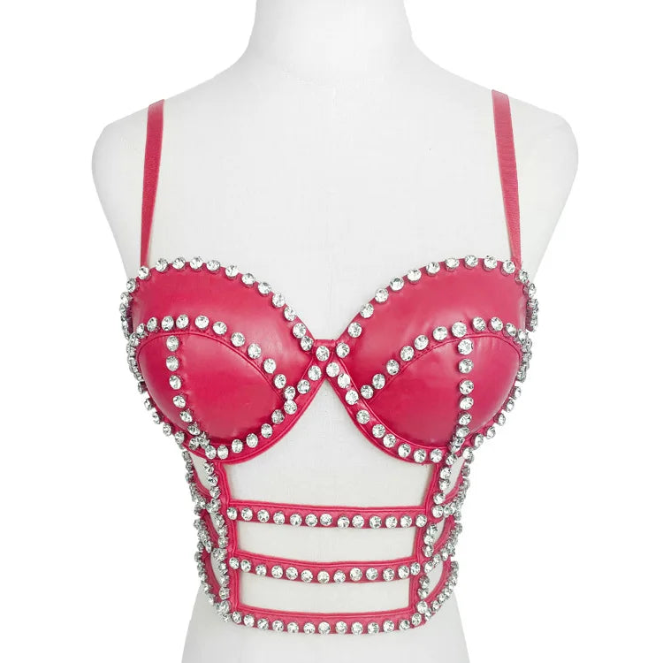 Gothic Studded Faux Leather Bustier Top Cage Strap Party Bralette