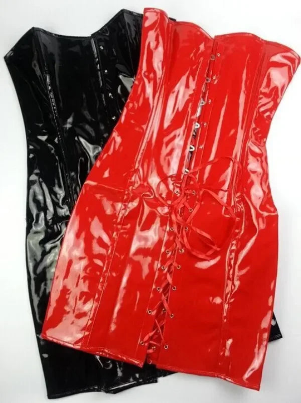 Steampunk PU Leather Overbust Corset Dress & Long Torso Waist Trainer