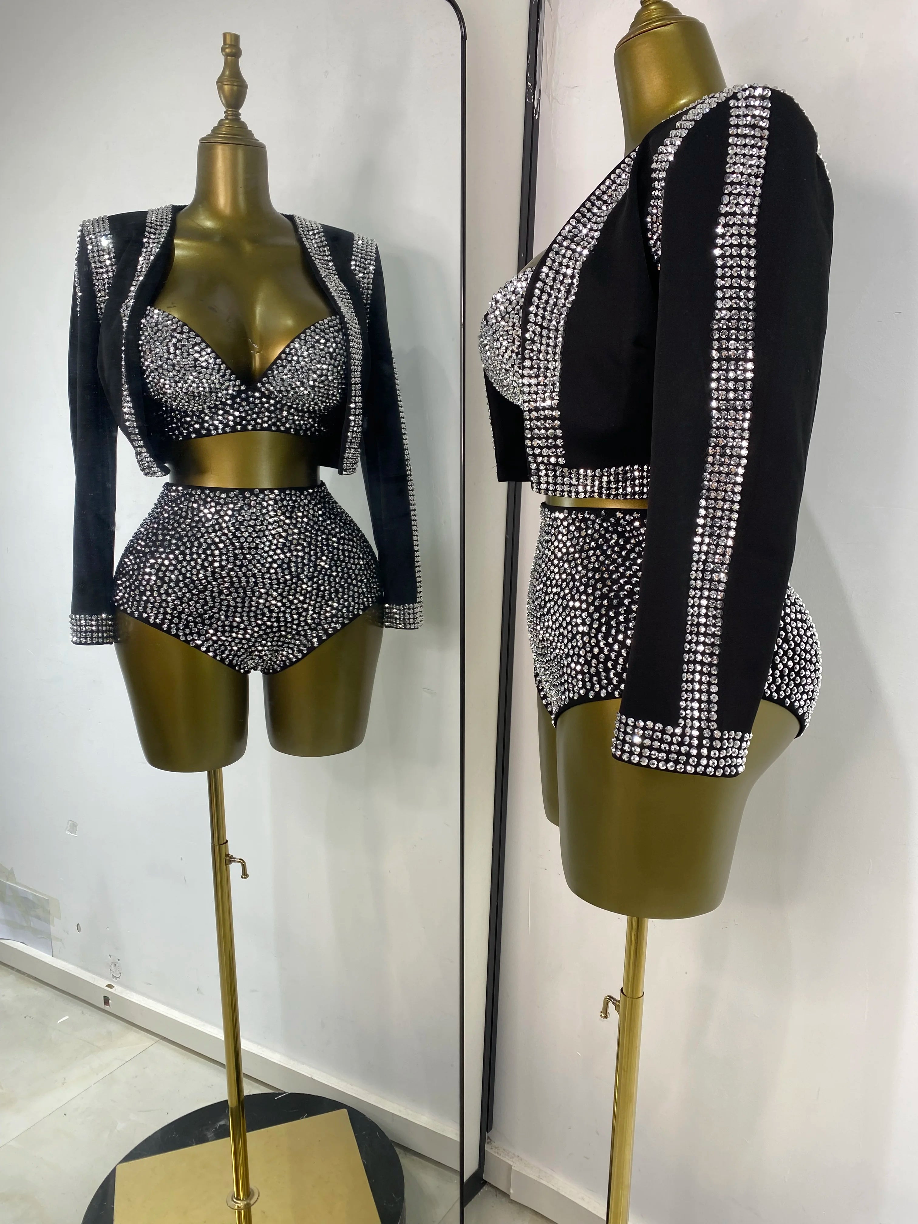 Rhinestone Bustier, High-Waist Mini Shorts & Cropped Jacket 3-Piece Performance Costume Set