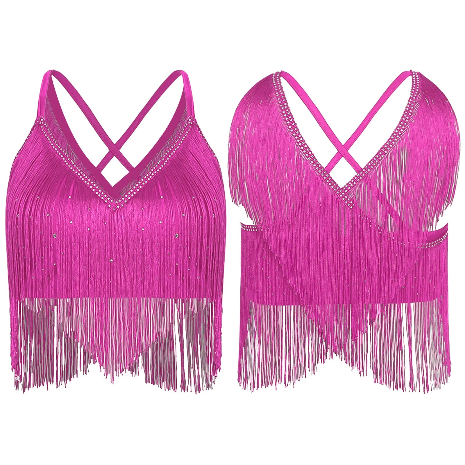 V-Neck Crisscross Back Tassel Fringe Crop Top Latin Salsa Dance Costume